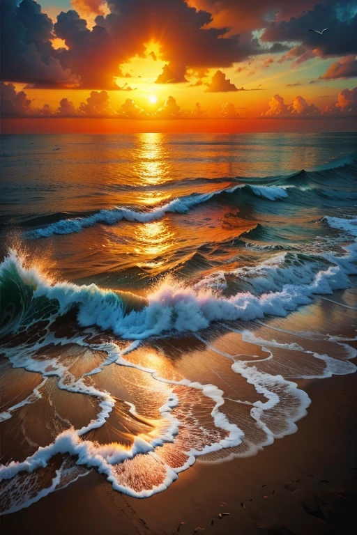 An absolutely mesmerizing sunset over the beach, with a blend of oranges, pinks, one white boat,and yellows filling the sky. Crystal-clear waters of the sea gently kissing the shore, with sandy white beach stretching far and wide. The scene is dynamic and breathtaking, with seagulls soaring high in the sky and gently swaying palm trees. Take in the calming atmosphere and let the peacefulness wash over you.