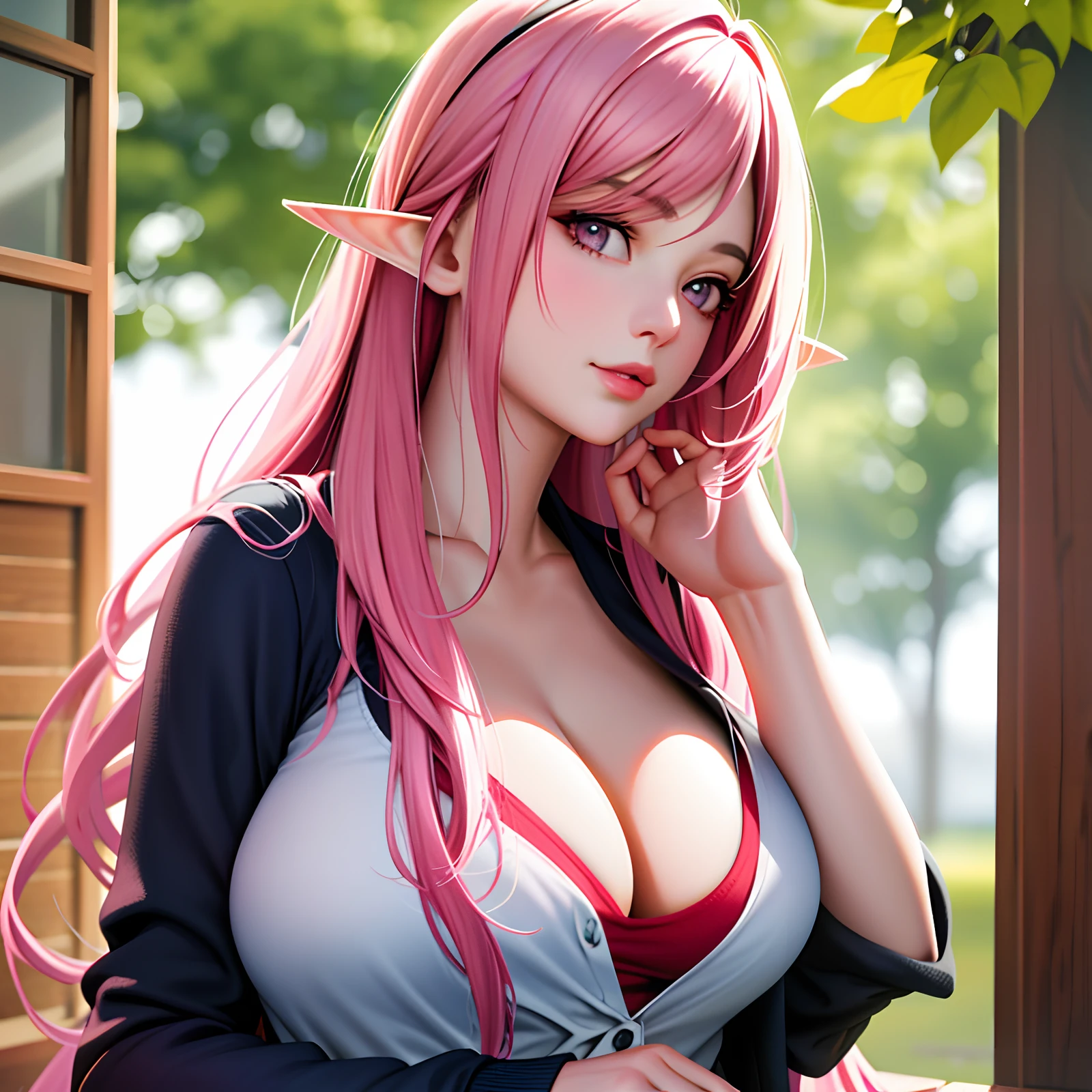 best quality, highres,(RAW photo:1.2), (photorealistic:1.4),(masterpiece:1.4),1girl, side-swept hairstyle, long hair, straight hair pink hair, pink eyes, ulzzang-6500, medium breasts , elf ears, close up, close up face, poetrait, reveling clothing, looking at viewer, looking straightforward, mature, exposed clothing, exposed cleavage, casual outfit,