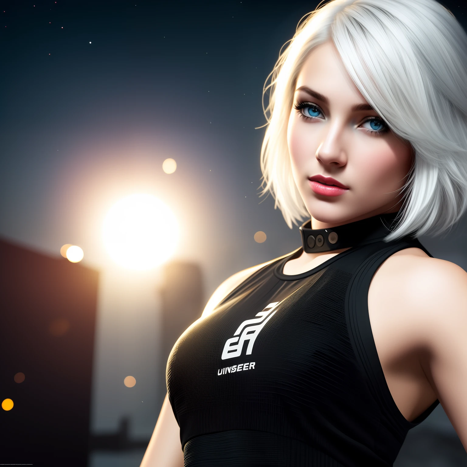 (on the moon, space, looking back at the earth), white hair, black tank top, volumetric lighting, white jacket, cyberpunk, futuristic, blue eyes, detailed eyes, hyper detail, slight smile, high detail, beautiful, small details, super detailed, best quality , intricate, hyperrealism, sharp, digital illustration, detailed, realism, intricate, 4k, 8k, trending on artstation, good anatomy, beautiful lighting, award winning, photorealistic, realistic shadows, realistic lighting, beautiful lighting, ray tracing, intricate details , moodiness, rule of thirds, masterpiece, (illustration: 1.1), high resolution, (extremely detailed CG, unity, 8k wallpaper: 1.1), beautiful face, highly detailed face, ultra-realistic, masterpiece, bokeh, extremely detailed, intricate , zoom out, colorful, bright colors, red nail polish, side view,
