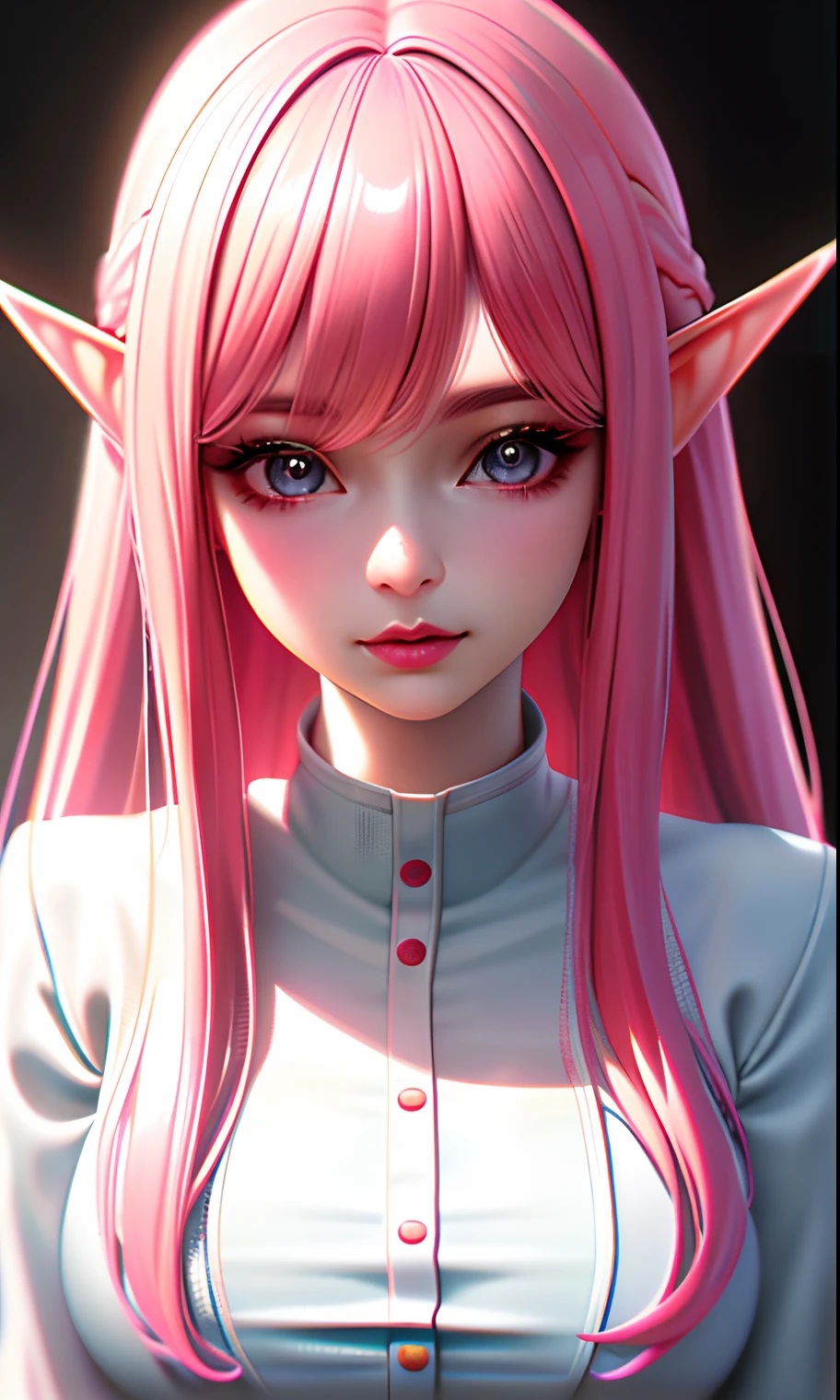(8k, RAW photo, photorealistic:1.25) ,( lipgloss, eyelashes, gloss-face, glossy skin, best quality, ultra highres, depth of field, chromatic aberration, caustics, Broad lighting, natural shading, looking at viewer, pink hair, elf ears, medium breast
