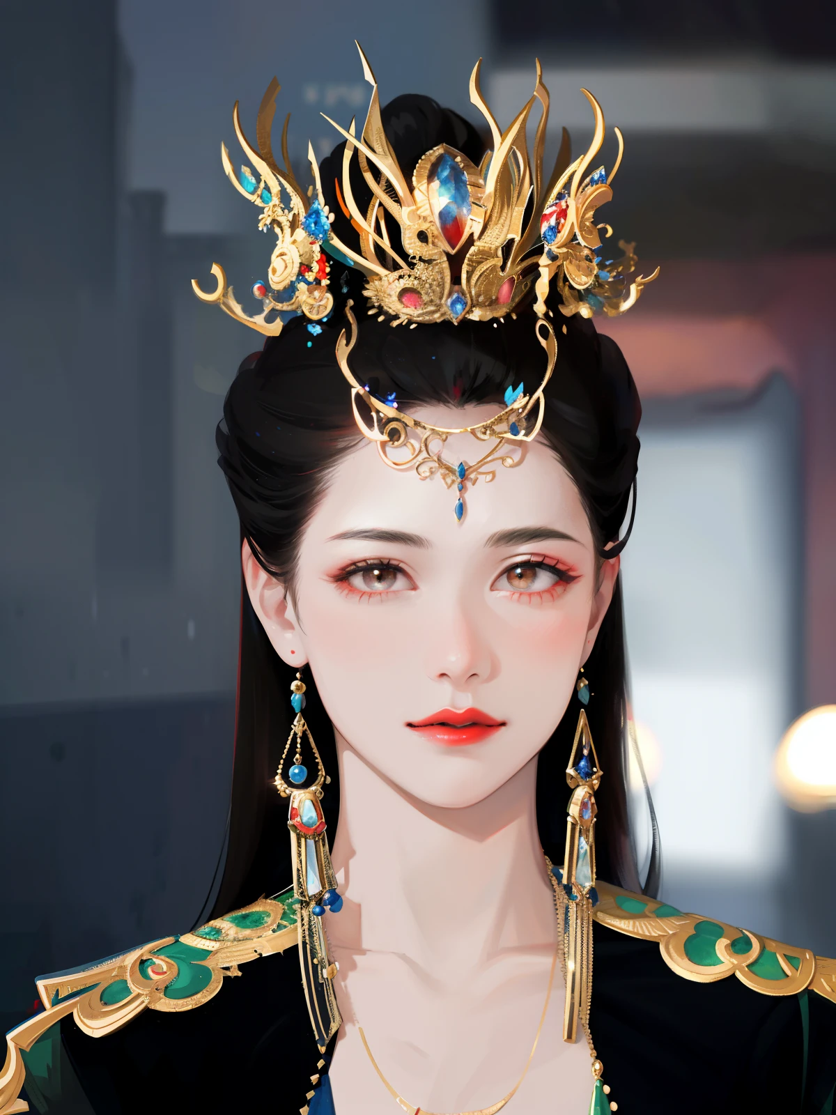 (Masterpiece, Monochrome, Colorful: 1.0), (Maximum Quality: 1.2), (Ultra High Quality: 1.1), Masterpiece, Best Quality, (Very Detailed CG Unity 8k Wallpaper), (Best Quality), (Best Illustration), ( Best Shadow), realistic lighting, ancient girl, gauze dress, updo, gold jewelry, necklace, gold bracelet, red lips, beauty, big eyes, innocent smile, sadness, red lips
