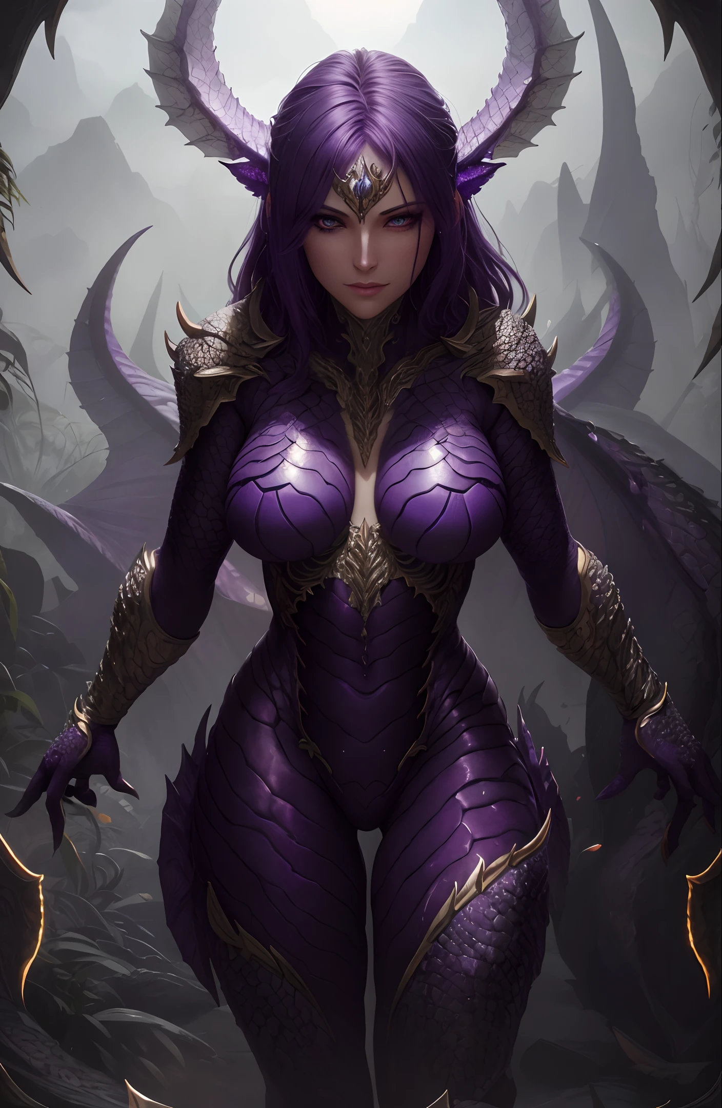 Magic world, beauty, scaly eyes (glow), realistic, thigh detail, ultra realistic, very detailed, ultra detailed, soft light, detailed background, extreme detail background, sharp detail, (full body), 8k, (raw photo) , cg, purple skin