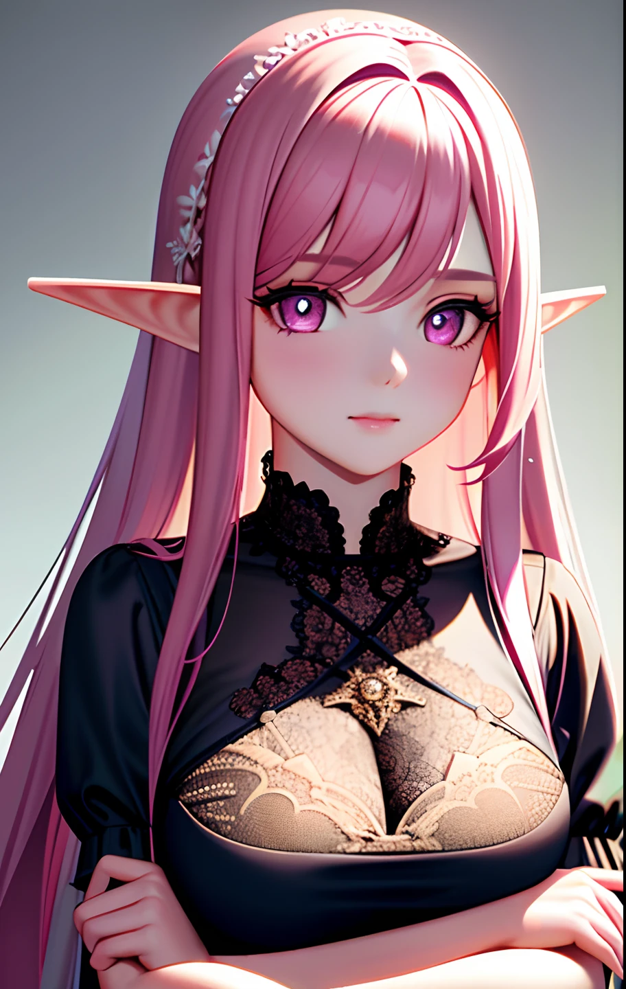 1girl, pink long hair, large breasts, (epic), (elegant), ((detailed)), ((best quality)), ((masterpiece, sidelighting, finely detailed beautiful eyes: 1.2)), extremely_detailed_wallpaper, highres, ((lace)), beautiful detailed glow, masterpiece*portrait, 3d face, lustrous skin, upper body, realistic, perfect face, elf ears, pink eyes, looking at viewer, looking straight, no smile