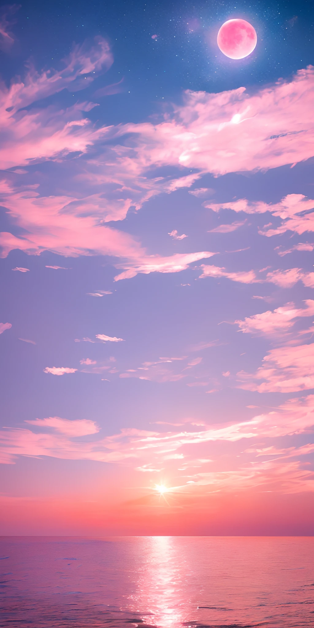 Pink moon, pink sky, soft pink clouds, pink ocean waves sparkling, sparkling, pink roses on pink ocean, fantasy, diamond, crown, universe, soft lights,