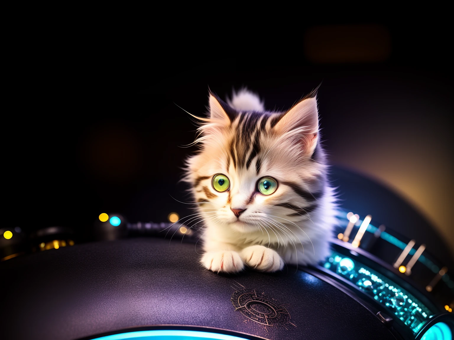 a cute fluffy kitten made out of metal, cyborg, cyberpunk style, clockwork, ((intricate details)), hdr, big eyes, ((intricate details, hyperdetailed)), vacuum tube or electron tube, cinematic shot, vignette, bokeh effect beckground
