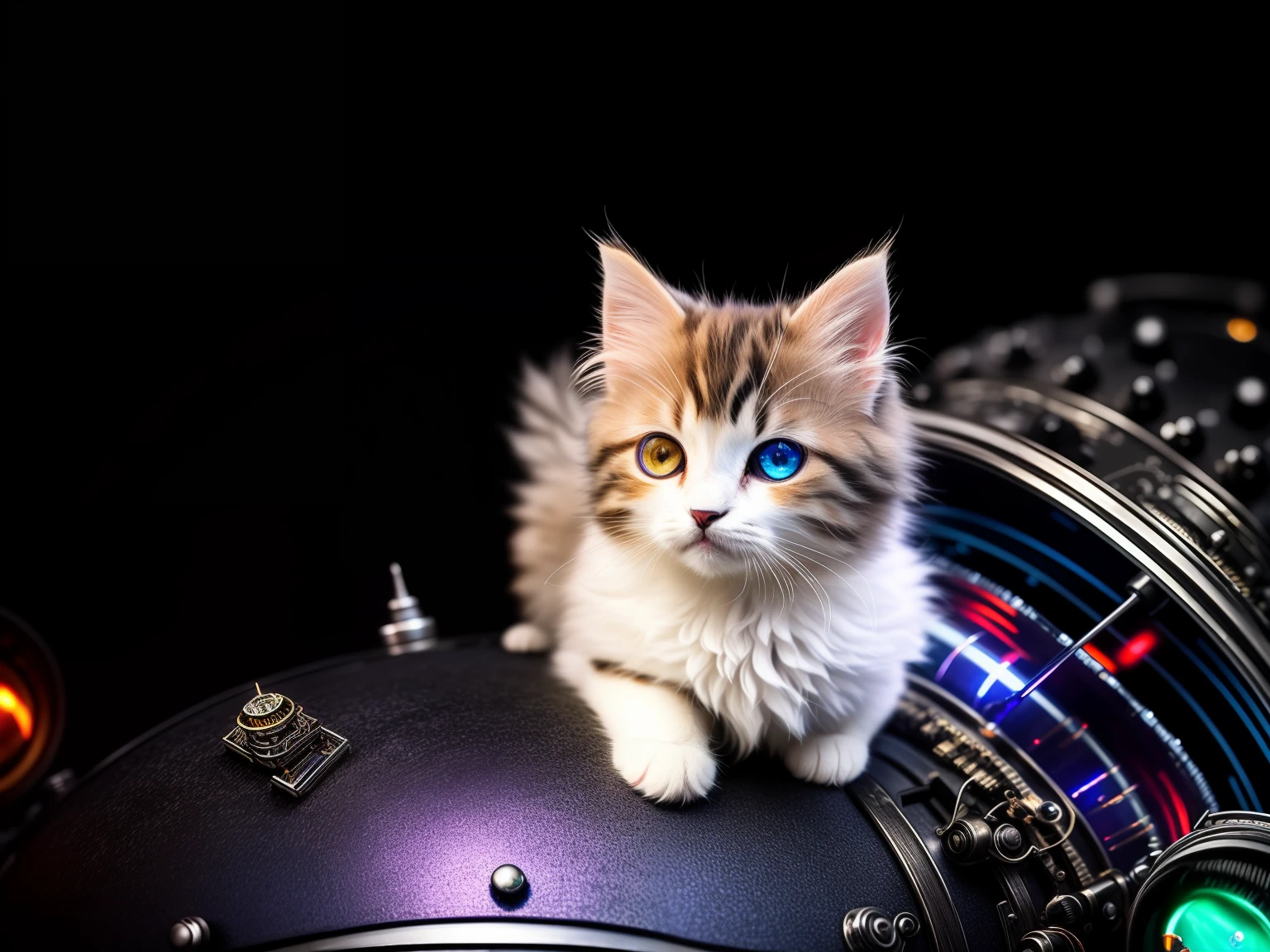 a cute fluffy kitten made out of metal, cyborg, cyberpunk style, clockwork, ((intricate details)), hdr, big eyes, ((intricate details, hyperdetailed)), vacuum tube or electron tube, cinematic shot, vignette, bokeh effect beckground