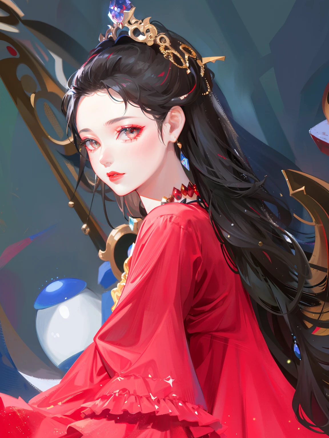 (Masterpiece, Monochrome, Colorful: 1.0), (Maximum Quality: 1.2), (Ultra High Quality: 1.1), Masterpiece, Best Quality, (Very Detailed CG Unity 8k Wallpaper), (Best Quality), (Best Illustration), ( Best Shadow), Realistic Lighting, Costume Girl, Pretty, Red Dress, Updo, Gold Jewelry, Necklace, Gold Bracelet, Red Lips, Beautiful, Big Eyes, 纯真的微笑，悲伤，Red Lips，