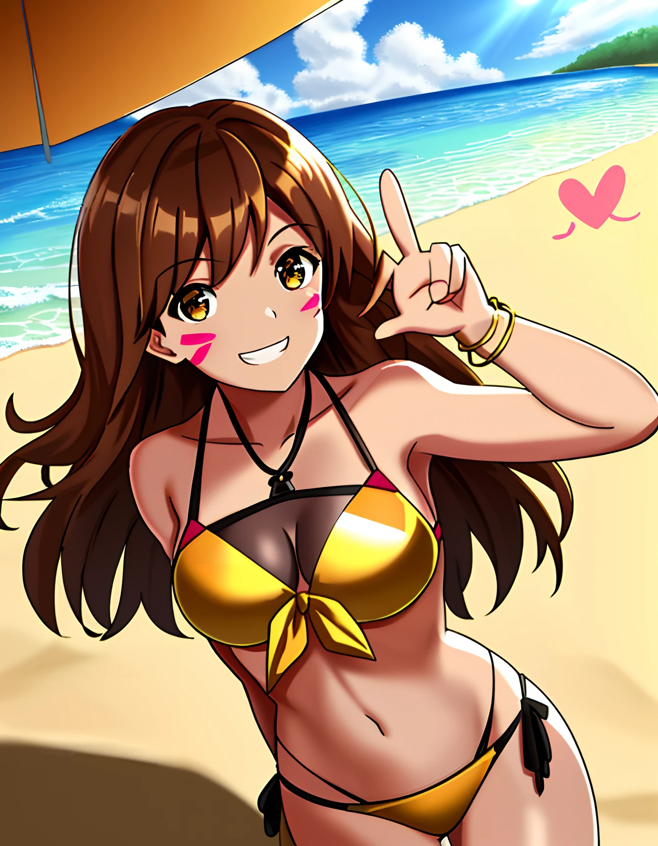 best quality, 1girl, brown hair,  brown eyes, medium breasts, front tie bikini top, (gold bikini), arm behind back, peace sign, grin, sun, on beach, spoken heart, (face paint:0.9), (corneo_dva:0.9), no headwear,