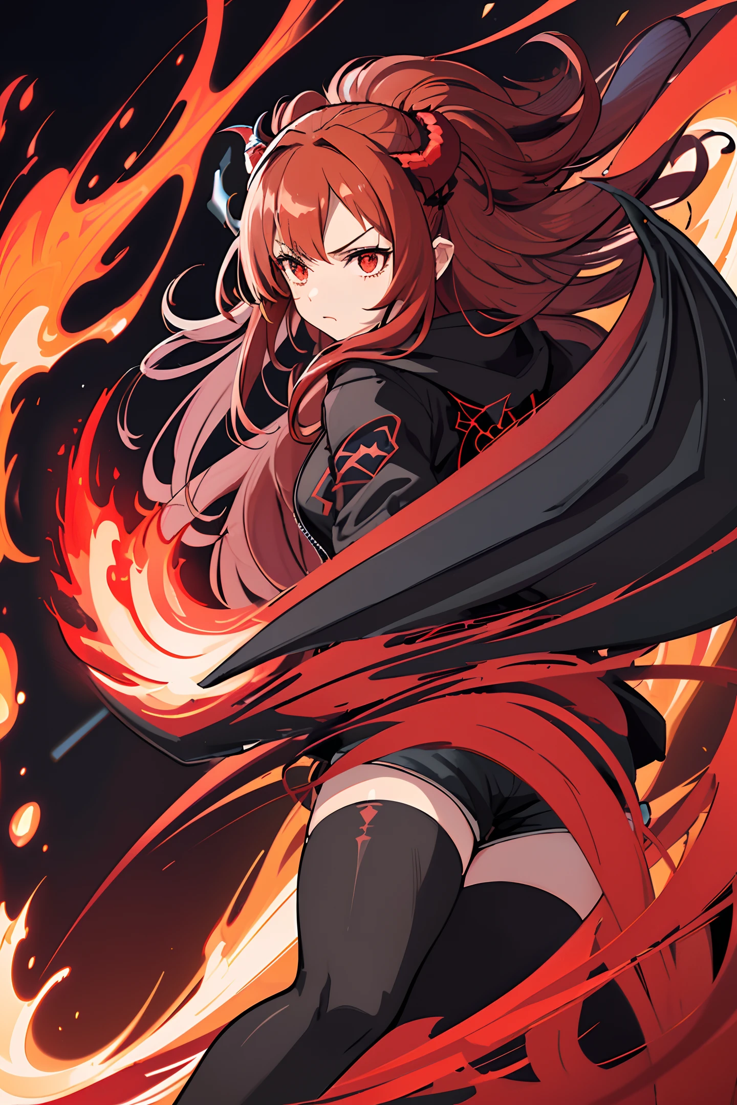 (ultra-detailed CG), (1 girl), (long crimson hair:1.7), (black hooded jacket:1.2), (black shirt:1.2), (black shorts:1.2), (tights socks:1.2), (big breasts:1), (crimson horns:1), (demon wings:1.3), rune engravement on chest, wielding bloody chainsaw on left hand, glowing crimson left eye, glowing blue right eye