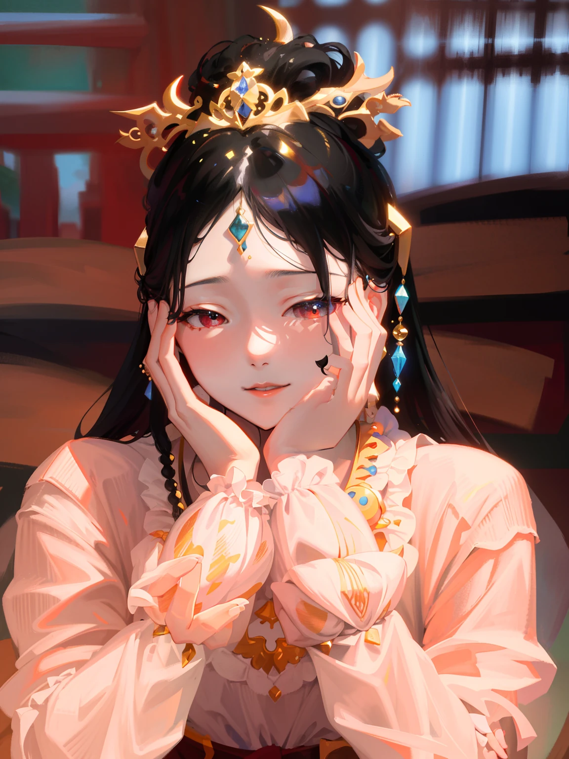 (Masterpiece, Monochrome, Colorful: 1.0), (Maximum Quality: 1.2), (Ultra High Quality: 1.1), Masterpiece, Best Quality, (Very Detailed CG Unity 8k Wallpaper), (Best Quality), (Best Illustration), ( Best Shadow), Realistic Lighting, Costume Girl, Pretty, Dress, Updo, Gold Jewelry, Necklace, Gold Bracelet, Red Lips, Beautiful, 眼睛向下看,微笑,悲伤,红唇,