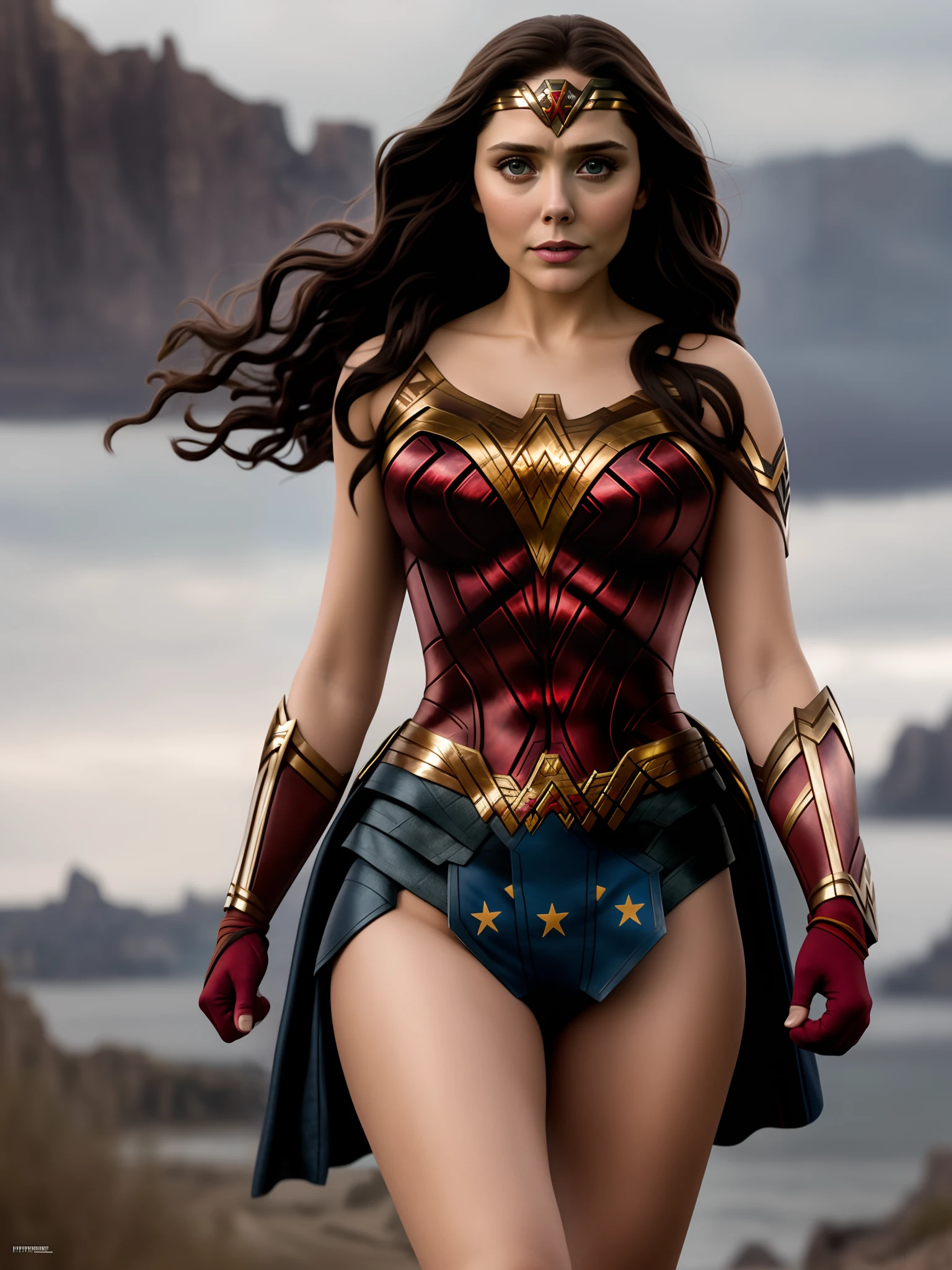 photo of elizabeth olsen,  highres, masterpiece, 1girl, solo, best quality, realistic, outdoors, looking at viewer, perspective shot, ((wonder woman cosplay)), sweat, petite, navel, (red hair), smirk, aroused, 4K, HDR. by (James C. Christensen:1.2|Jeremy Lipking:1.1).