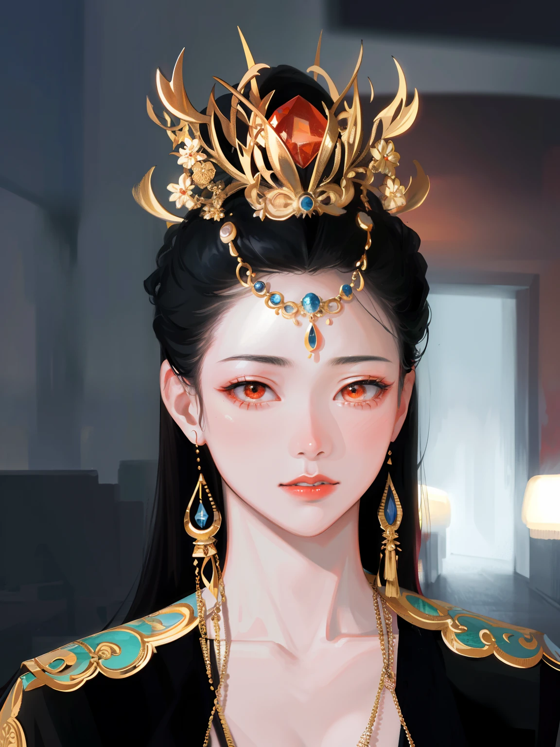 (Masterpiece, Monochrome, Colorful: 1.0), (Maximum Quality: 1.2), (Ultra High Quality: 1.1), Masterpiece, Best Quality, (Very Detailed CG Unity 8k Wallpaper), (Best Quality), (Best Illustration), ( Best Shadow), Realistic Lighting, Costume Girl, Pretty, Dress, Updo, Gold Jewelry, Necklace, Gold Bracelet, red lips, Beautiful, Big Eyes, 纯真的微笑,悲伤,,右手,
