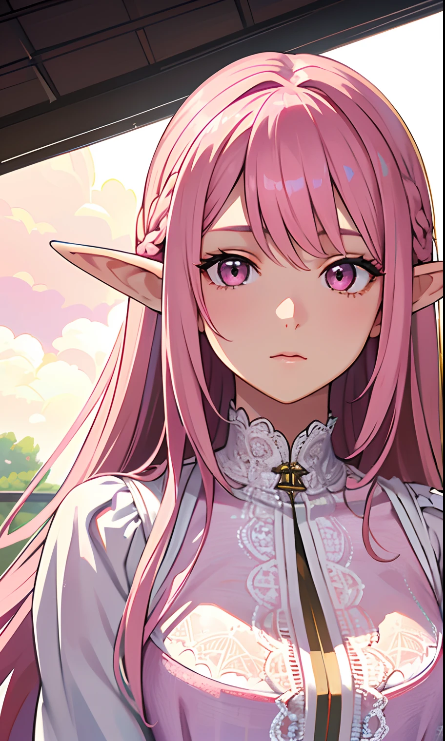 1girl, pink long hair, large breasts, (epic), (elegant), ((detailed)), ((best quality)), ((masterpiece, sidelighting, finely detailed beautiful eyes: 1.2)), extremely_detailed_wallpaper, highres, ((lace)), beautiful detailed glow, masterpiece*portrait, 3d face, lustrous skin, upper body, realistic, perfect face, elf ears, ((pink eyes)), ((pink hair)), looking at viewer, looking straight, no_smile, mature, young adult, flower petals, clouds in background, daylight, bright day, sunny day, looking straight, looking eye to eye, side_swept_hair, 1 sided hair, pastal