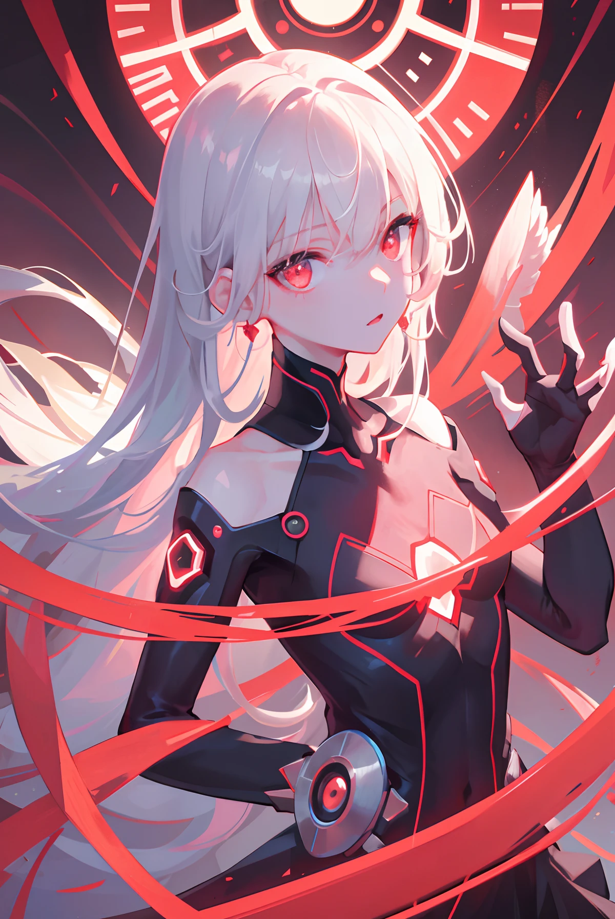 1 girl, solo, sharp focus, Delicate and beautiful hair and eyes and face, realistic, ultra detailed, dynamic lighting, cute, slender, small breasts, shiny skin, delicate facial features, acsurdres, ultra detailed, highres, cybernetic background, masterpiece, red dress, red eyes, night, sexy facial expression, neon