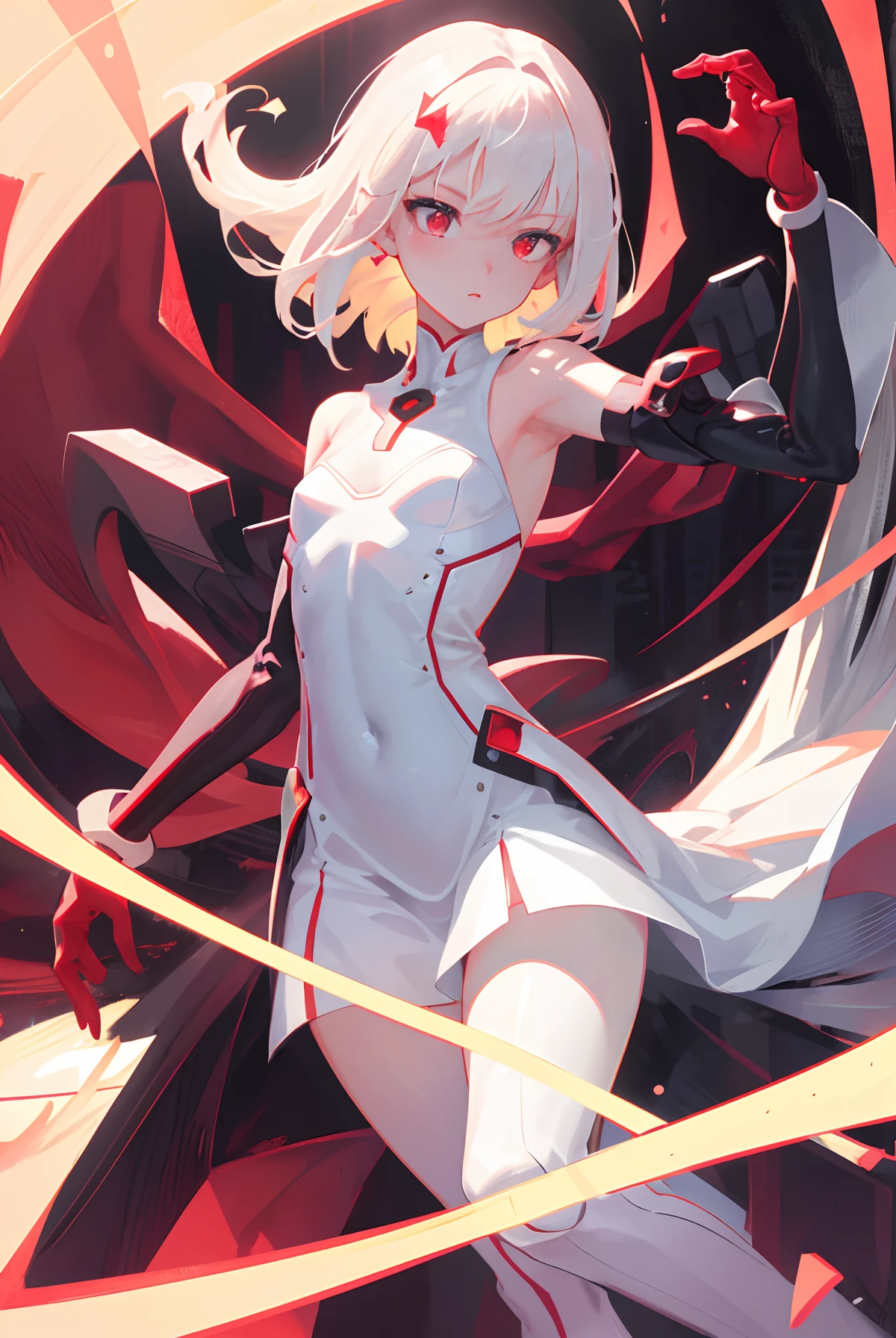 1 girl, solo, sharp focus, Delicate and beautiful hair and eyes and face, realistic, ultra detailed, dynamic lighting, cute, slender, small breasts, shiny skin, delicate facial features, acsurdres, ultra detailed, highres, cybernetic background, masterpiece, red dress, red eyes, night, sexy facial expression, neon