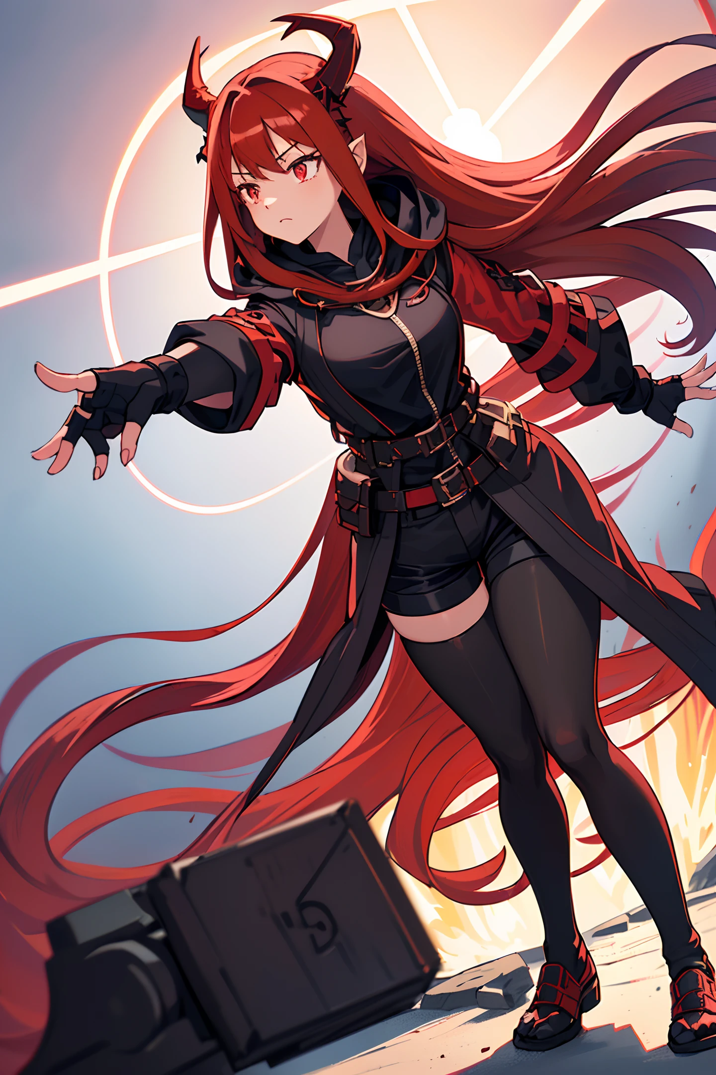 (ultra-detailed CG), (1 girl), (long crimson hair:1.7), (black hooded jacket:1.2), (black shirt:1.2), (black shorts:1.2), (tights socks:1.2), glowing rune engravement on chest, (glowing crimson left eye), (glowing blue right eye), (fingerless gloves:1.2), big breasts, (crimson horns:1), (manipulating red flame and blue flame)
