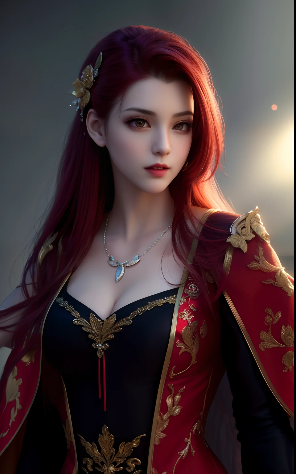 vampire, best quality, masterpiece, high resolution, 1girl, porcelain dress, red hair, hair accessories, necklace, jewelry, beautiful face, physically, tyndall effect, realistic, dark studio, edge lighting, duotone lighting , (high detail skin: 1.2 ), 8k uhd, dslr, soft light, high quality, volume light, candid, photo, high resolution, 4k, 8k, bokeh