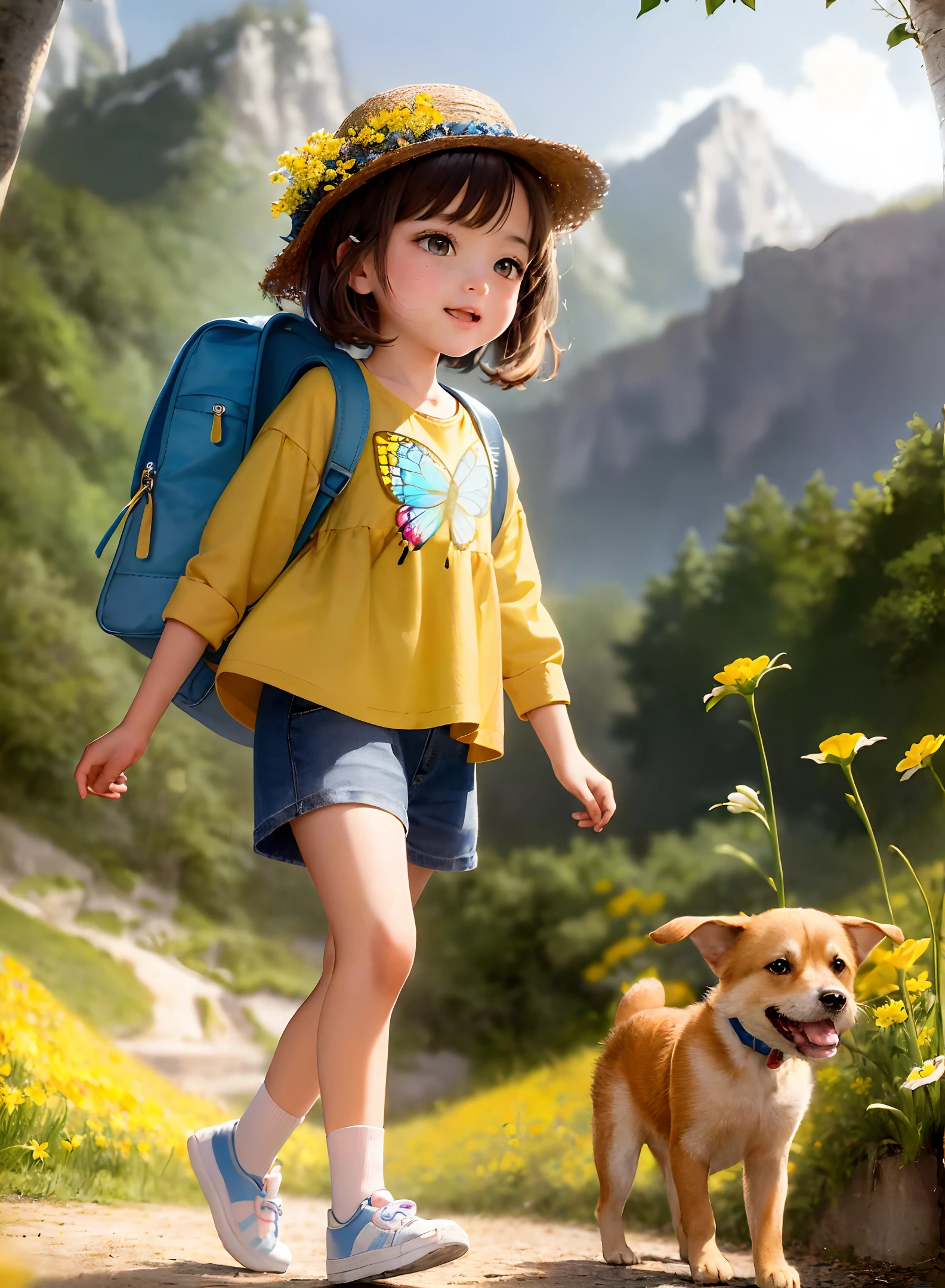 (best quality, masterpiece, cartoon style, high-resolution 4k wallpaper), a charming *********** with a backpack and her cute dog enjoying a lovely spring outing surrounded by beautiful yellow flowers and scenic nature. The illustration features highly detailed facial features and a dancing butterfly.