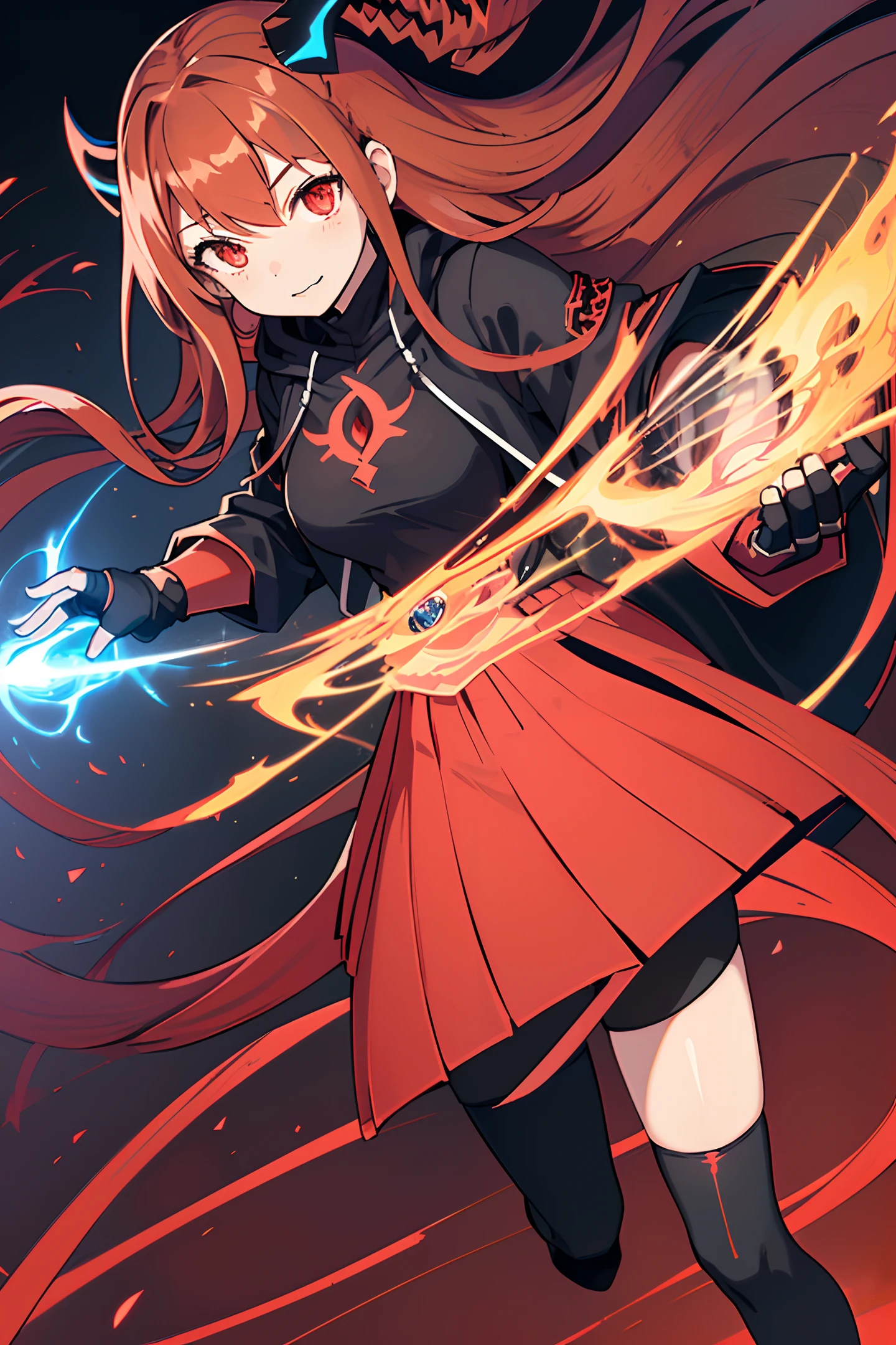 (ultra-detailed CG), (1 girl), (long crimson hair:1.7), (black hooded jacket:1.2), (black shirt:1.2), (black shorts:1.2), (tights socks:1.2), (glowing rune engravement on chest), (glowing crimson left eye), (glowing blue right eye), (fingerless gloves:1.2), big breasts, (crimson horns:1), (manipulating red flame and blue flame)