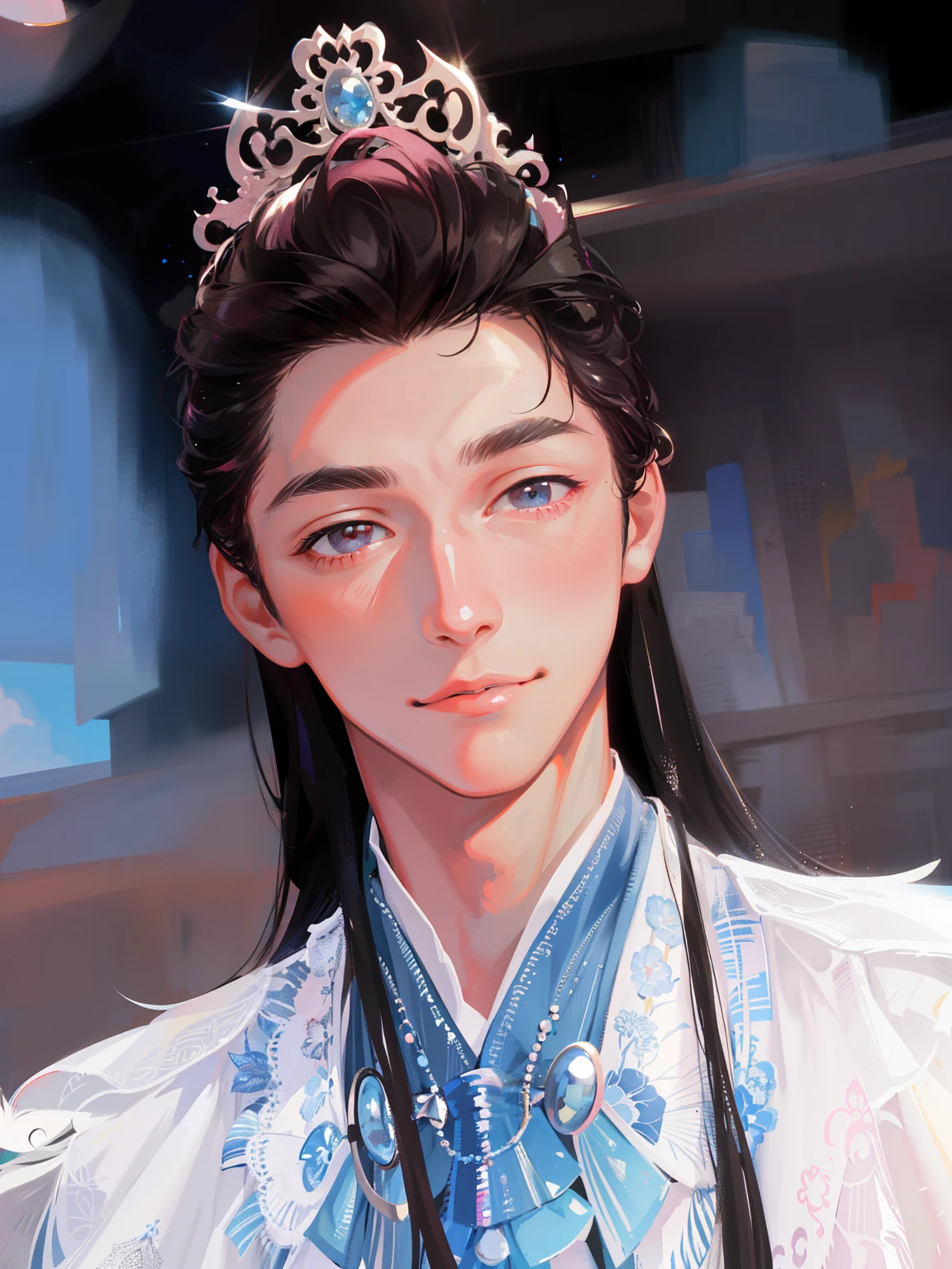 (Pure Color: 0.9), (Color: 1.1), (Masterpiece: 1,2), Best Quality, Masterpiece, High Resolution, Original, Extremely Detailed Wallpaper,, Vintage, Dress, pink Lips, sumand smile, (((a man ))) (((handsome))), mature man