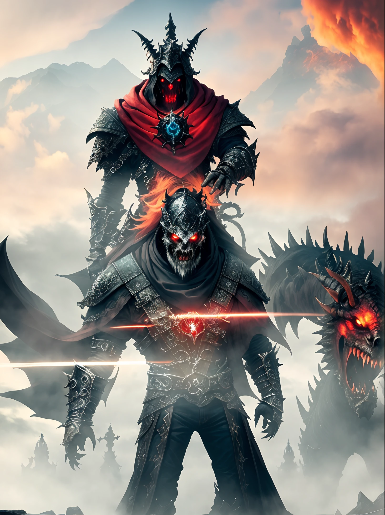 (very detailed 8k wallpaper), medium shot of a scary necromancer riding a monster, intricate, high detail, dramatic