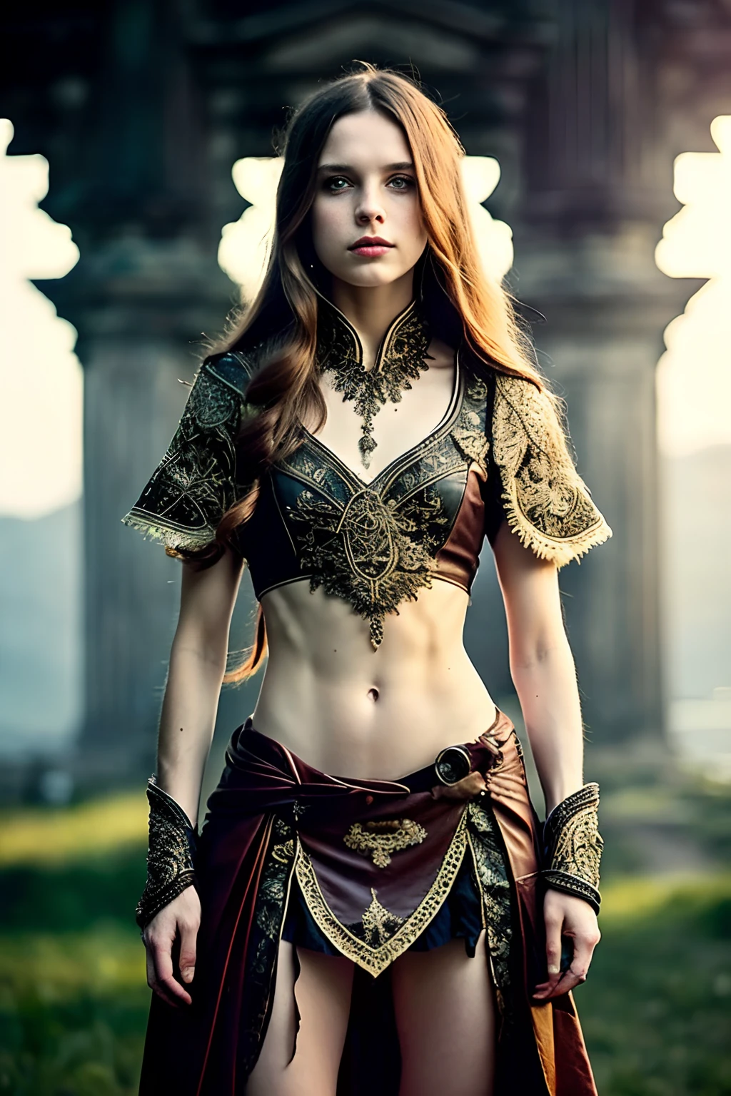 Extremely detailed RAW photo, full body, walking pose, slow motion, (crook thief: 1.2), 19 year old European Scandinavian woman wearing full body stitched layer (leather armor: 1.2), (white silk cloak with embroidery ), (intricately patterned fabric: 1.2) ), (insanely detailed, bloom: 1.3), (high quality, Alessandro Casagrande, Greg Rutkowski, Sally Mann, 8k), (analogue: 1.2), (high sharpness ), (pupil detail: 1.2), face and eye detail, masterpiece, best quality textures, (highly detailed floral patterns: 1.1), photorealistic, (long brown hair, ponytail, ecstasy: 1.1), ( young woman: 1.2), Jeremy Mann, Sandra Chevrier, Maciej Kuchara, sharp , (ideal body: 1.2), realistic, real shadow, (Gothic temple background: 1.1), sunset, divine rays