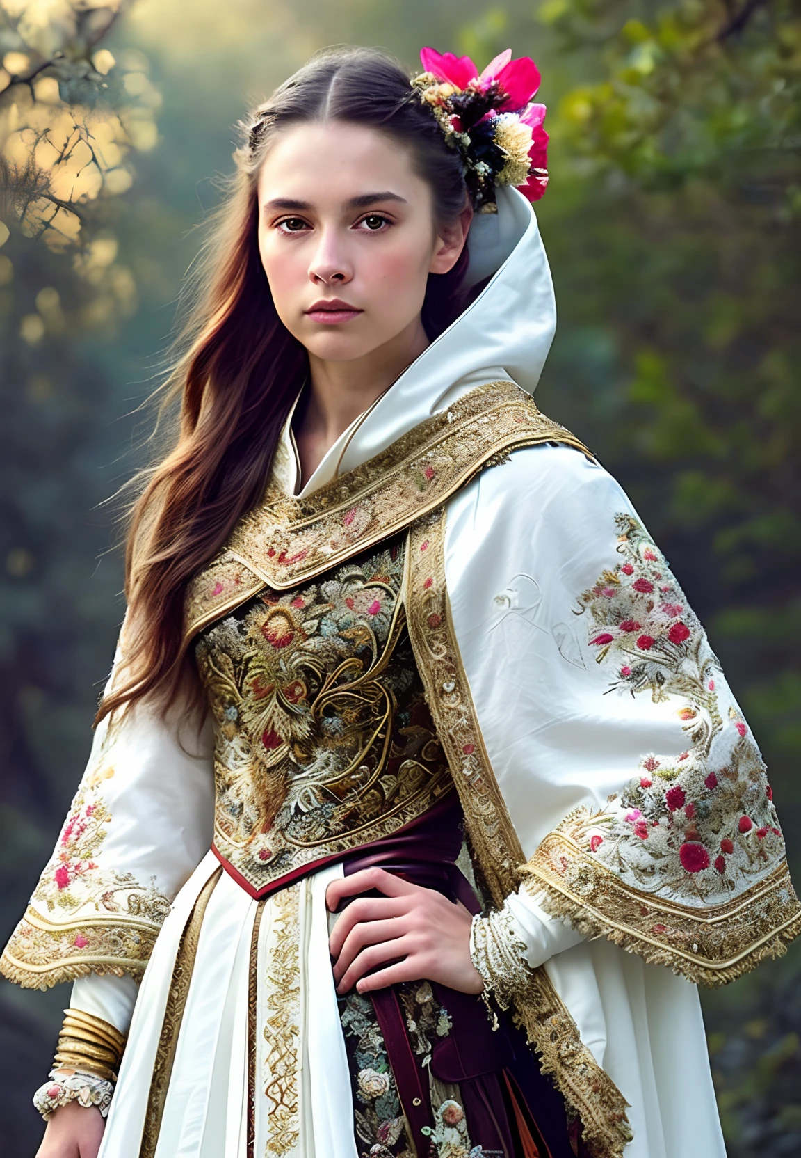 Extremely detailed RAW photo, full body, walking pose, slow motion, (rogue thief:1.2) european nordic 19yo female wearing full body stitched layer (leather armor:1.2), (embroidered white silk cloak), (fabric with intricate pattern:1.2), (insanely detailed, bloom:1.3), (highest quality, Alessandro Casagrande, Greg Rutkowski, Sally Mann, 8k), (analog:1.2), (high sharpness), (detailed pupils:1.2), detailed face and eyes, masterpiece, best quality textures, (highly detailed floral patterns:1.1), photorealistic, (long brunette hair, ponytail haircut, ecstatic:1.1), (young woman:1.2), By jeremy mann, by sandra chevrier, by maciej kuciara, sharp, (perfect body:1.2), realistic, real shadow, (gothic temple background:1.1), sunset, god rays