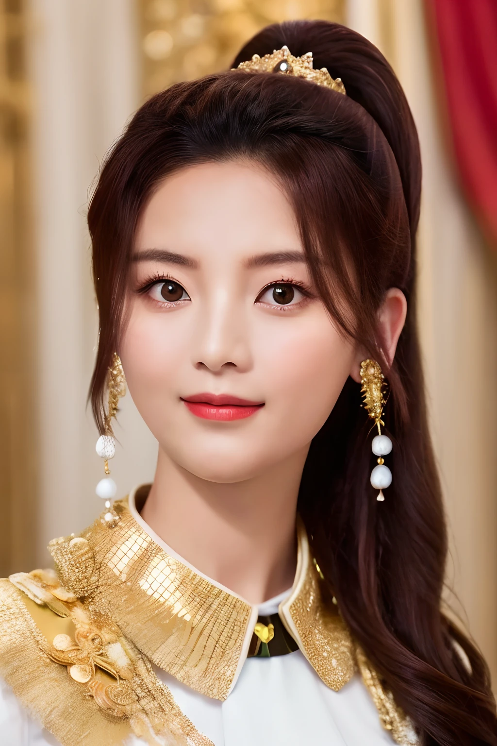 Chinese style, ancient porcelain, sister, royal sister, smiling face, black hair, high ponytail, curly hair, hairpin, pale pink lips, calm, intellectual, brown eyes, tassels, gold thread, beads, armor, shroud skirt, delicate face , face closeup, beautiful face, realistic, edge lighting, duotone lighting, (high detail skin: 1.2), 8k uhd, dslr, soft light, high quality, high resolution,