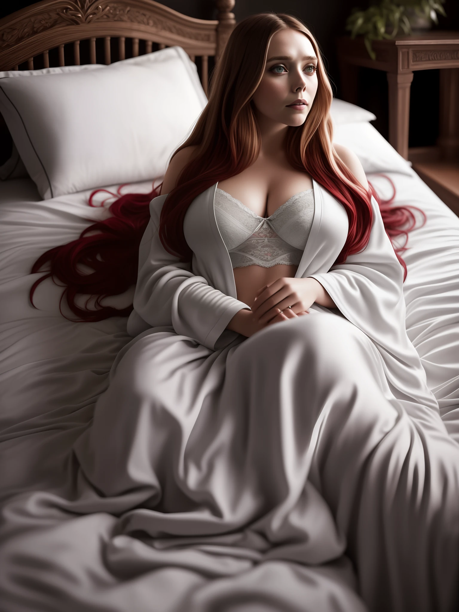 photo of elizabeth olsen, highres, masterpiece, 1girl, solo, best quality, realistic, bedroom, laying on bed, ((sexy night gown)), (big body),((big large boobs)), sexy abs, navel, legs spread, big ass, (Sexy Woman), (red hair), (30 years old), smirk, aroused, 4K, HDR. by (James C. Christensen:1.2|Jeremy Lipking:1.1).