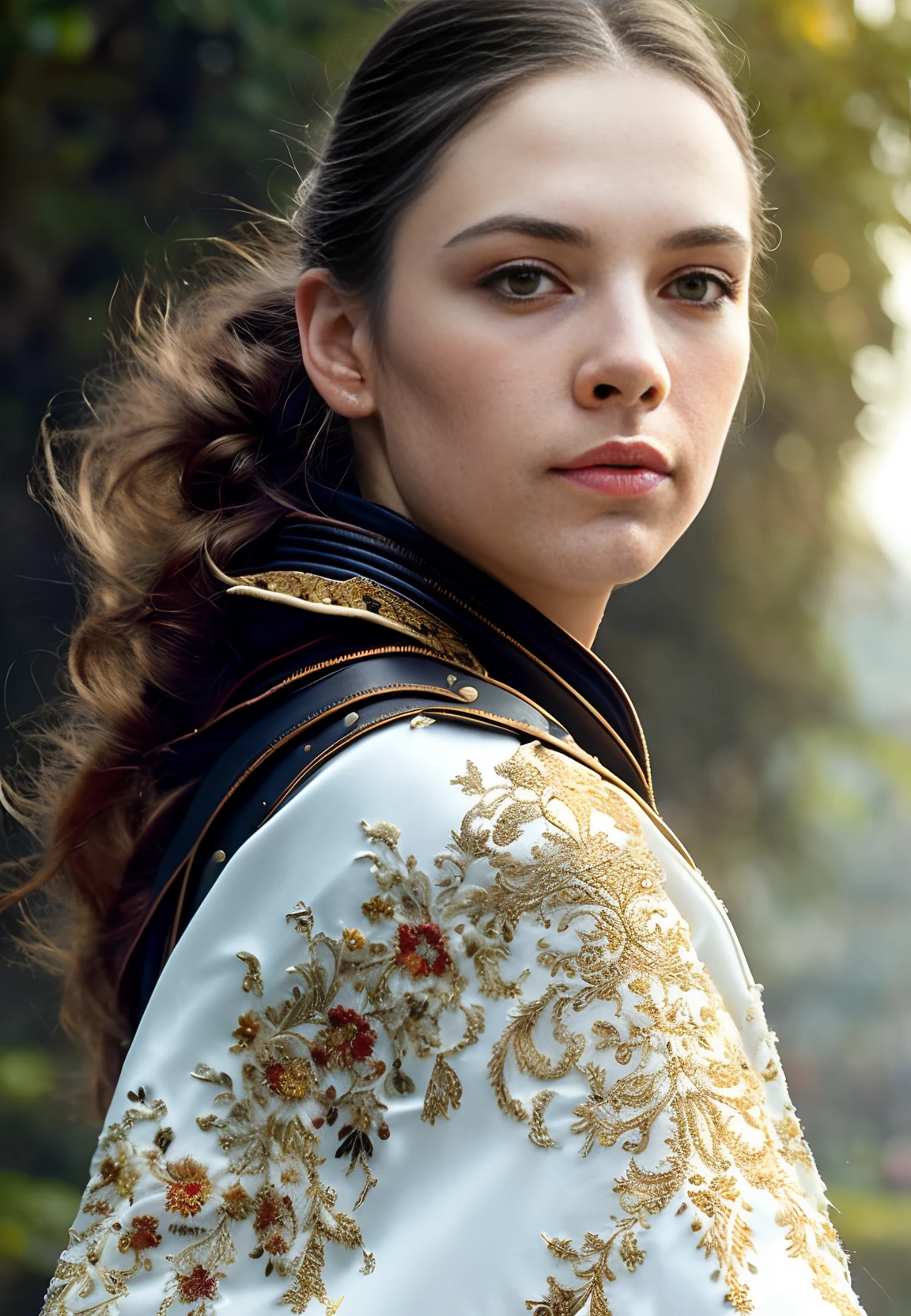 Extremely detailed RAW photo, full body, walking pose, slow motion, (rogue thief:1.2) european nordic 19yo female wearing full body stitched layer (leather armor:1.2), (embroidered white silk cloak), (fabric with intricate pattern:1.2), (insanely detailed, bloom:1.3), (highest quality, Alessandro Casagrande, Greg Rutkowski, Sally Mann, 8k), (analog:1.2), (high sharpness), (detailed pupils:1.2), detailed face and eyes, masterpiece, best quality textures, (highly detailed floral patterns:1.1), photorealistic, (long brunette hair, ponytail haircut, ecstatic:1.1), (young woman:1.2), By jeremy mann, by sandra chevrier, by maciej kuciara, sharp, (perfect body:1.2), realistic, real shadow, (gothic temple background:1.1), dark night