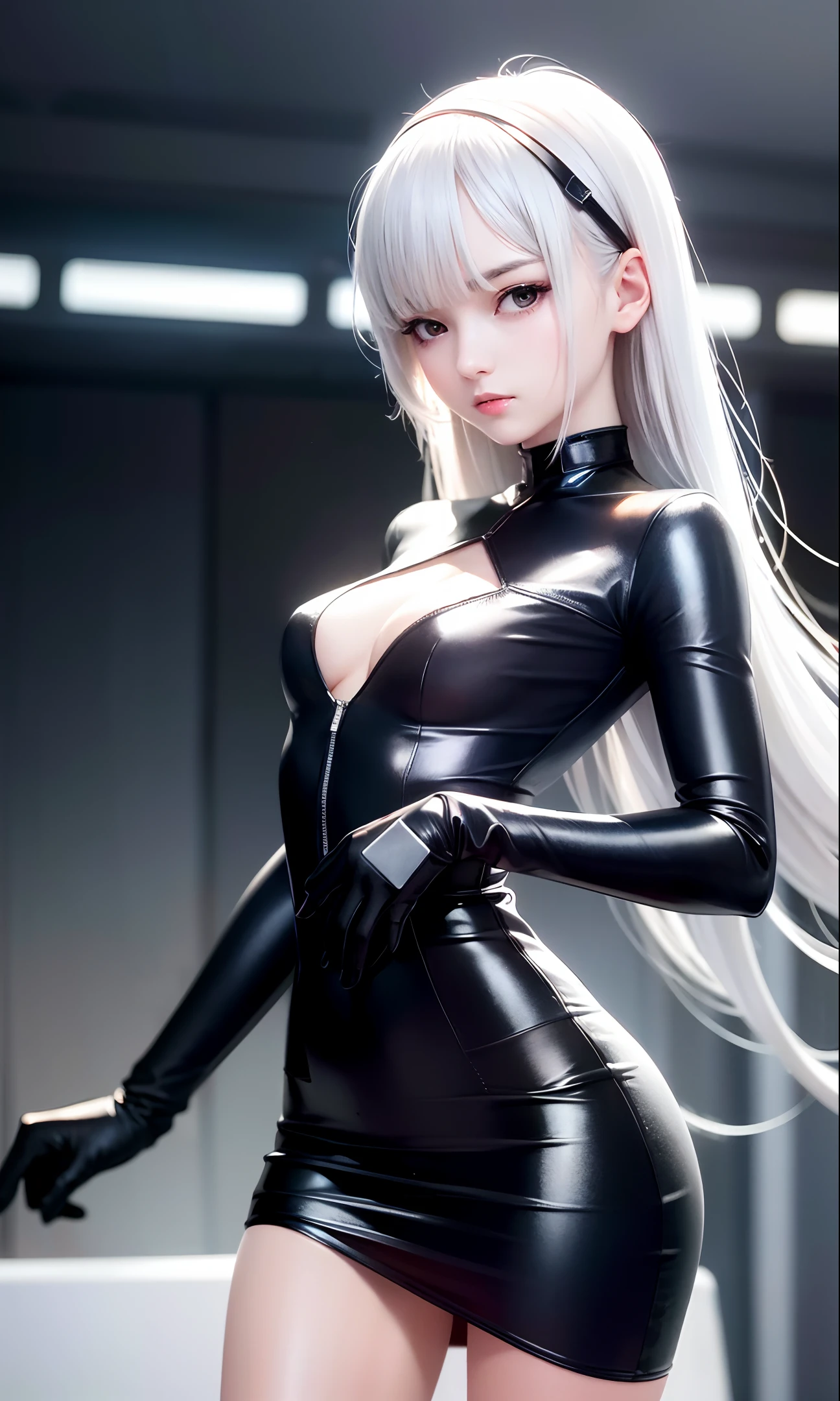 1 girl, solo, semi realistic, masterpiece, sharp focus, ultra detailed, absurdres, highres, dynamic lighting, cybernetic background, city, night, neon, cute, slender, small breasts, shiny skin, delicate facial features, sexy facial expression, red dress, arrogant
