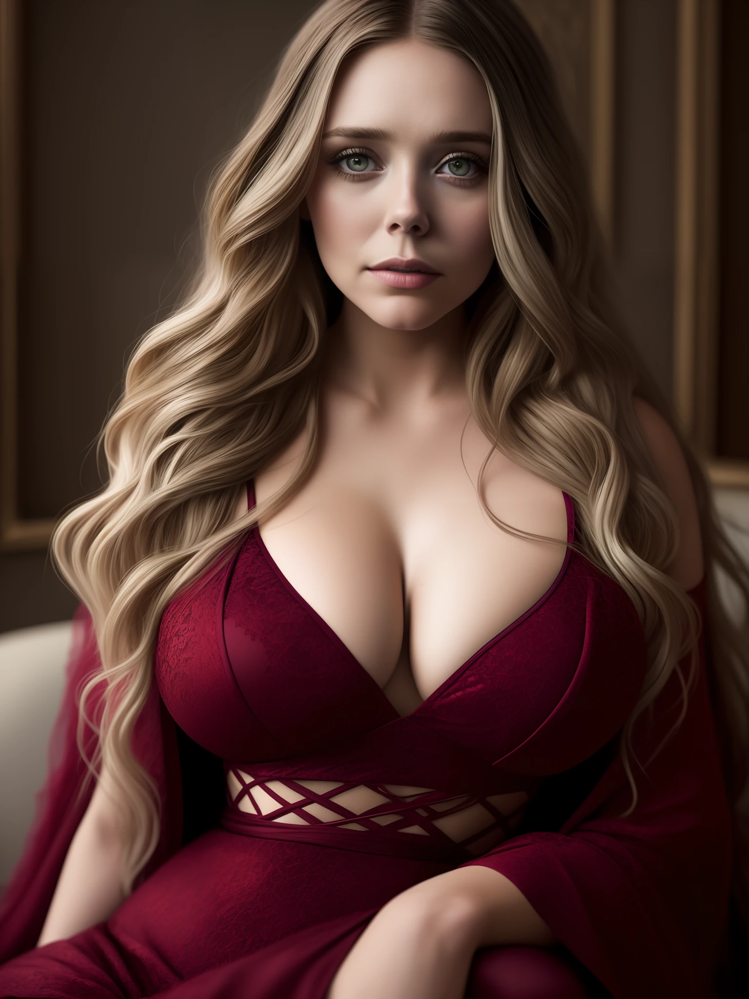 photo of elizabeth olsen, highres, masterpiece, 1girl, solo, best quality, realistic, nightclub, sitting on couch, ((sexy party dress)), (big body),((big large boobs)) (cleavage), sexy abs, navel, legs spread, big ass, (Sexy Woman), (long red hair), (30 years old), smirk, aroused, 4K, HDR. by (James C. Christensen:1.2|Jeremy Lipking:1.1).