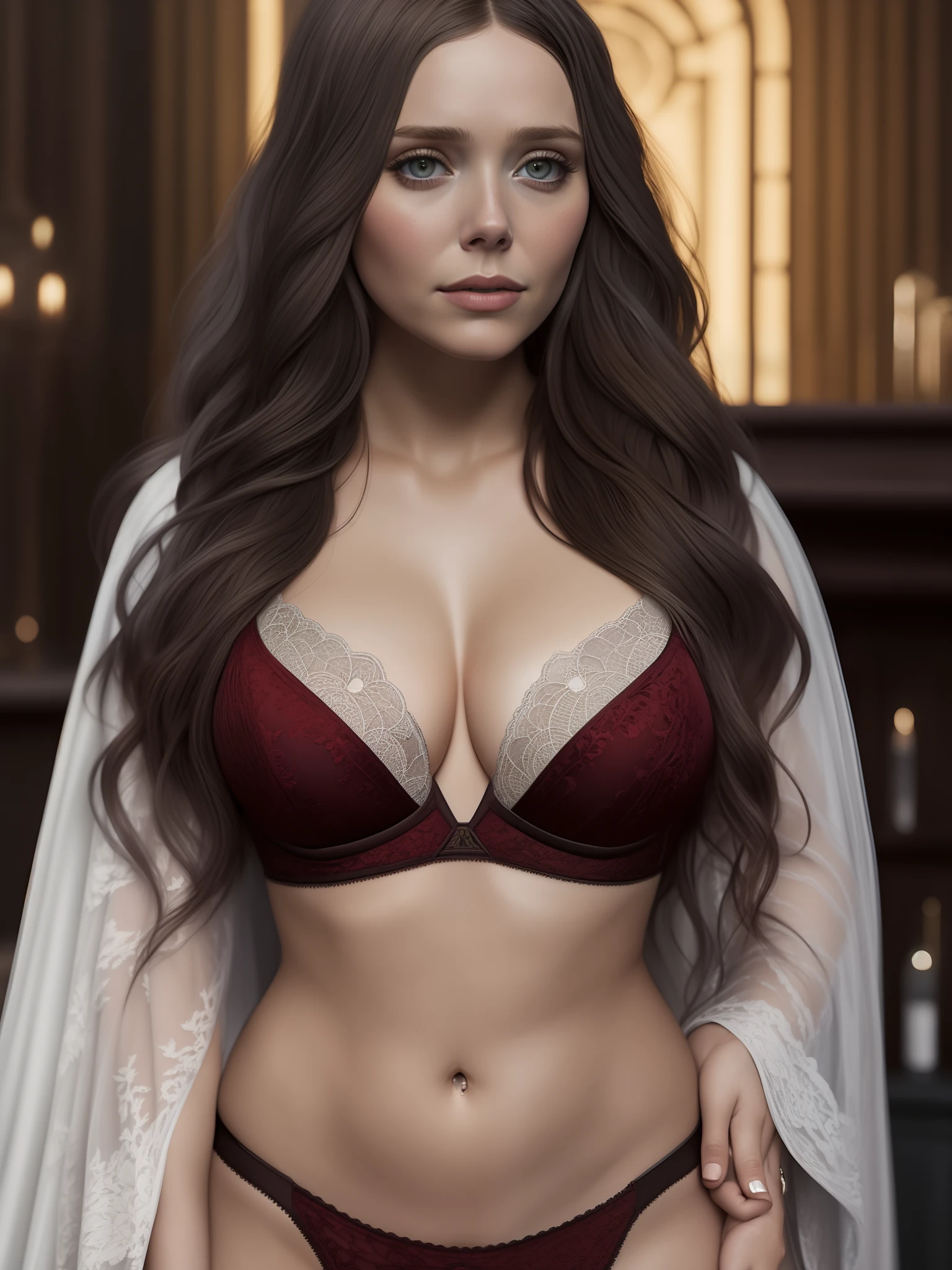 photo of elizabeth olsen, highres, masterpiece, 1girl, solo, best quality, realistic, nightclub, sitting on bar, ((sexy edding gown)), (laced bra and thong) (big body),((big large boobs)) (cleavage), sexy abs, navel, legs spread, big ass, (Sexy Woman), (long red hair), (30 years old), smirk, aroused, 4K, HDR. by (James C. Christensen:1.2|Jeremy Lipking:1.1).