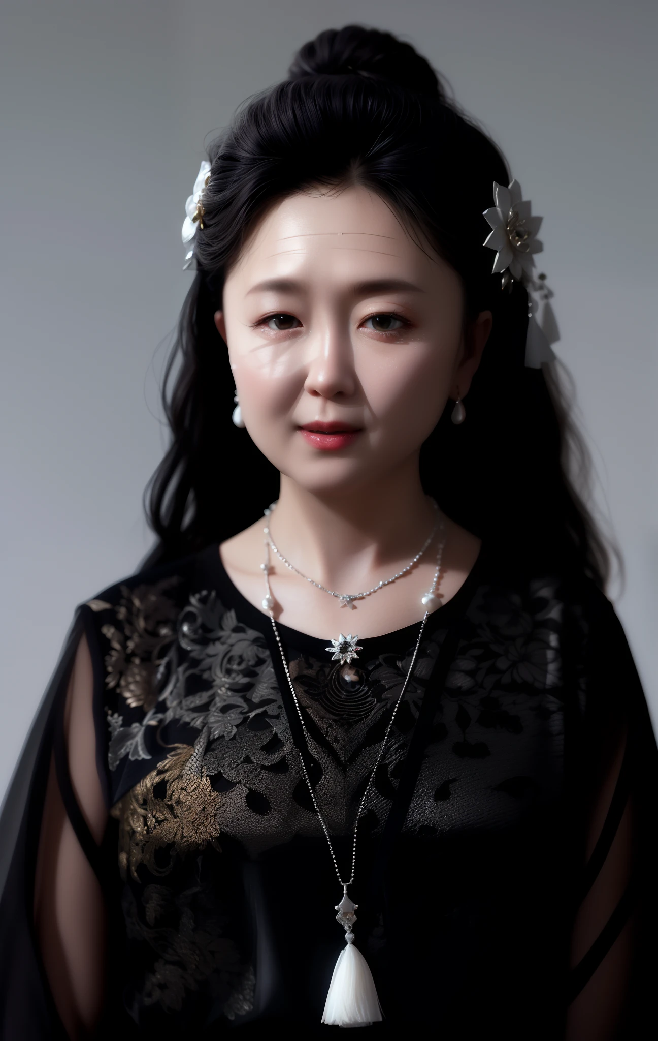Best Quality, Masterpiece, High Resolution, 1girl, Porcelain Dress, Hair Accessories, Necklace, Jewelry, On Body, Tyndall Effect, Realistic, Dark Studio, Rim Lighting, Duotone Lighting, (High Detail Skin: 1.2), 8k uhd, dslr, soft light, high quality, volume light, candid, photo, high resolution, 4k, 8k, bokeh