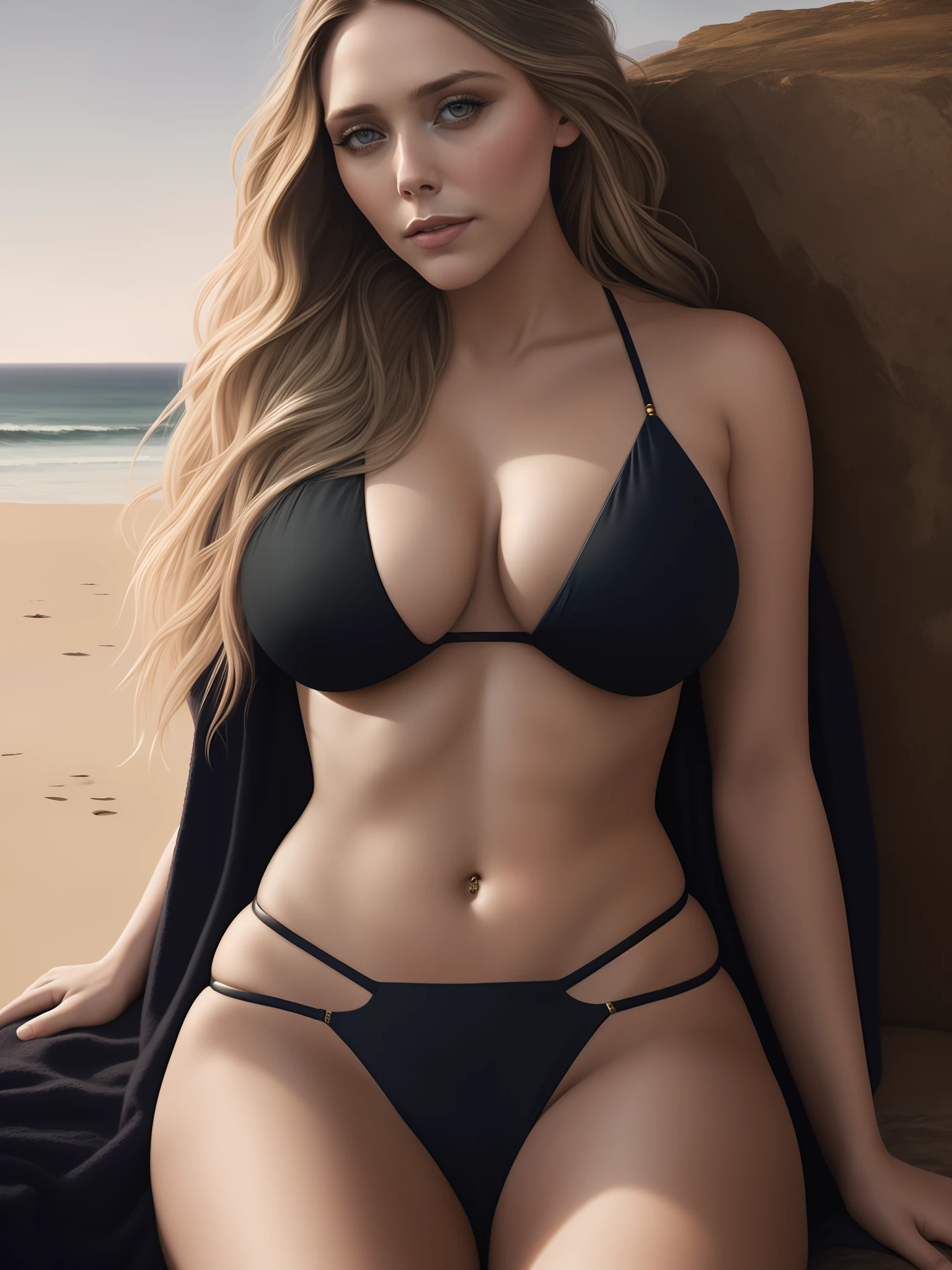 photo of elizabeth olsen, highres, masterpiece, 1girl, solo, best quality, realistic, long parted blonde hair, sitting on couch, spreading legs, (black and gold bikini),(big body), sexy figure,((big large boobs)) (cleavage), sexy abs, navel, legs spread, big ass, (Sexy Woman), (long hair), (30 years old), smirk, aroused, 4K, HDR. by (James C. Christensen:1.2|Jeremy Lipking:1.1).