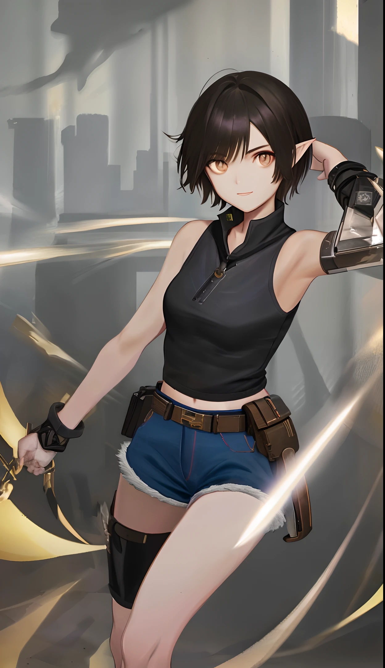 armpits, artbook, tomboy,girl, solo, short hair, black hair, pointy ears, beautiful detailed eyes, looking at viewer, light smile, endured_face, brown eyes, small breasts, tank_top, short shorts, bare legs, navel, thick thighs
