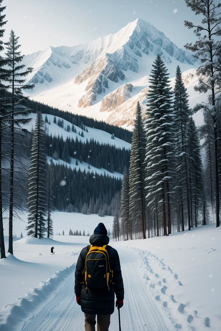 RAW photo, winter landscape, mountains, trees, it's snowing a little, a man is walking with a backpack, holding a staff, 8k uhd, dslr, soft lighting, high quality, film grain, Fujifilm XT3