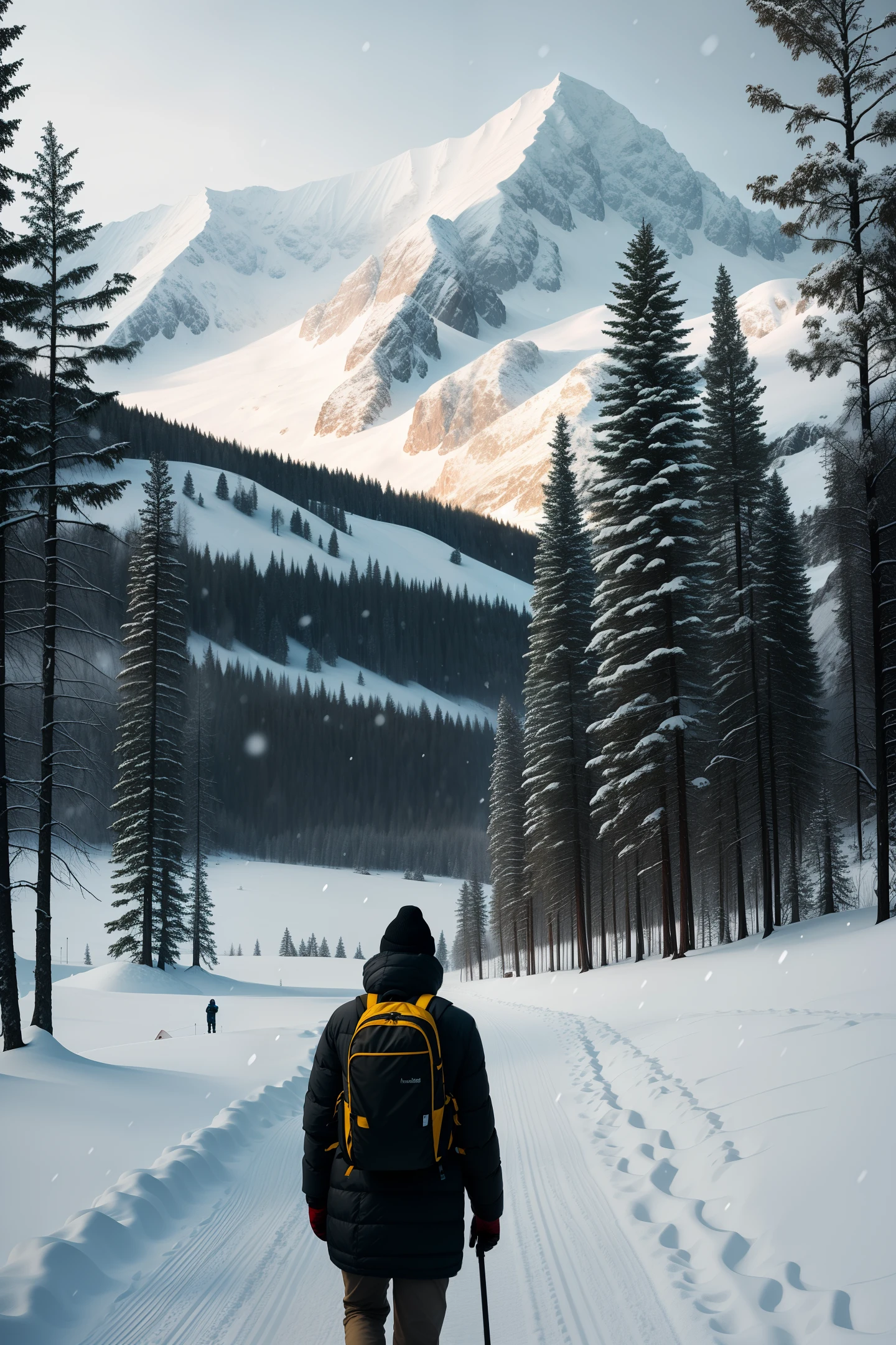 RAW photo, winter landscape, mountains, trees, it's snowing a little, a man is walking with a backpack, holding a staff, 8k uhd, dslr, soft lighting, high quality, film grain, Fujifilm XT3