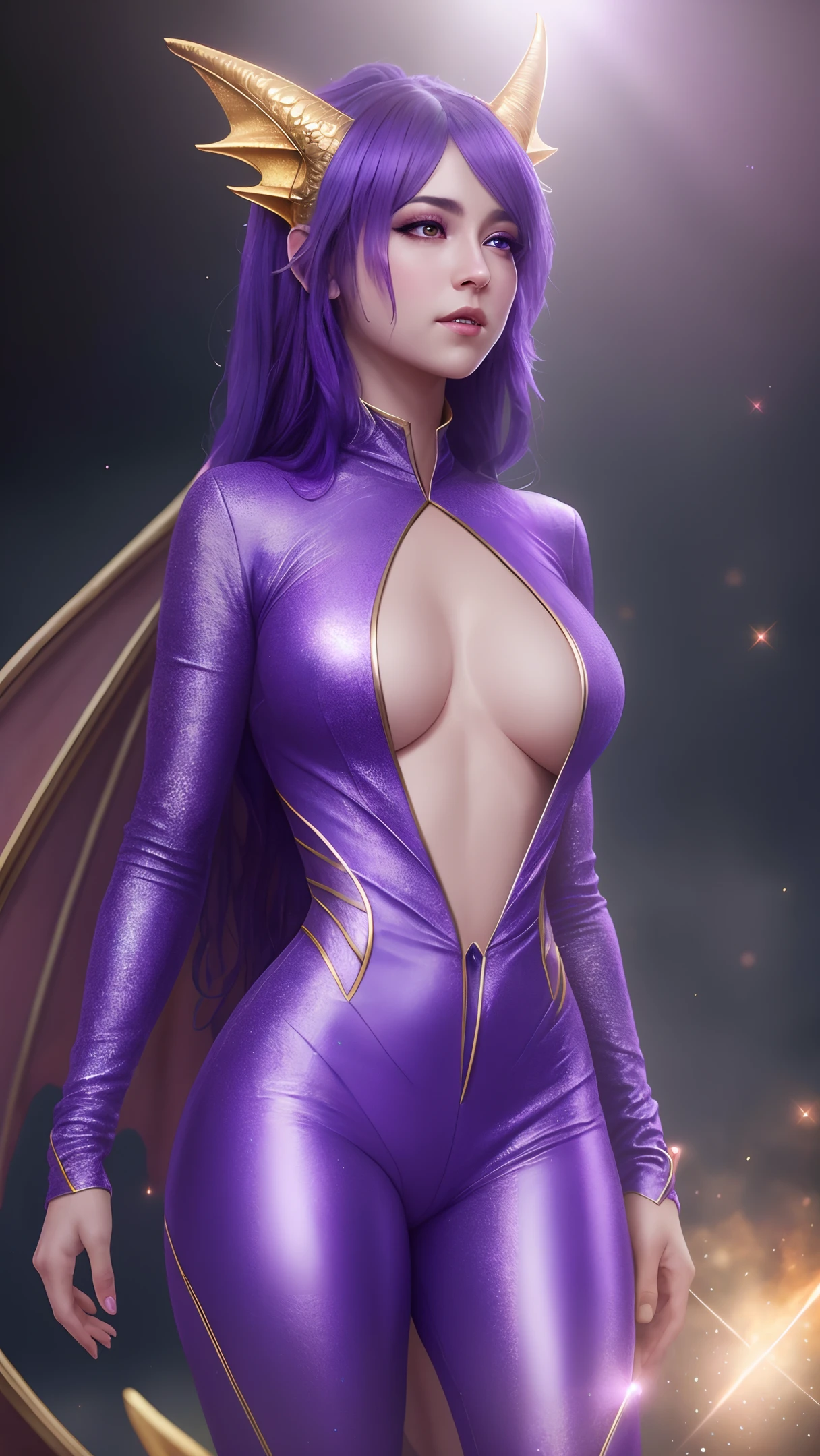 Magic Dragon (anthropomorphic, beautiful, dragon scale jumpsuit, particles), super realistic, real light source, detailed background, extremely detailed background, sharp details, (full body), 8k, (original image), cg, extremely purple skin, Full body details, purple skin, purple dragon scale body, elongated tail, masterpiece, RAW photo, deep cleavage, sfw,, (dirty: 0.8), (bloody: 0.7), aurora, (backlight: 0.5), depth of field , canon 5D, 50mm lens, f/4 f-stop, (super detail, fine detail), sharp focus, soft colors, 8k, Conscious, 8mm film grain, war photography