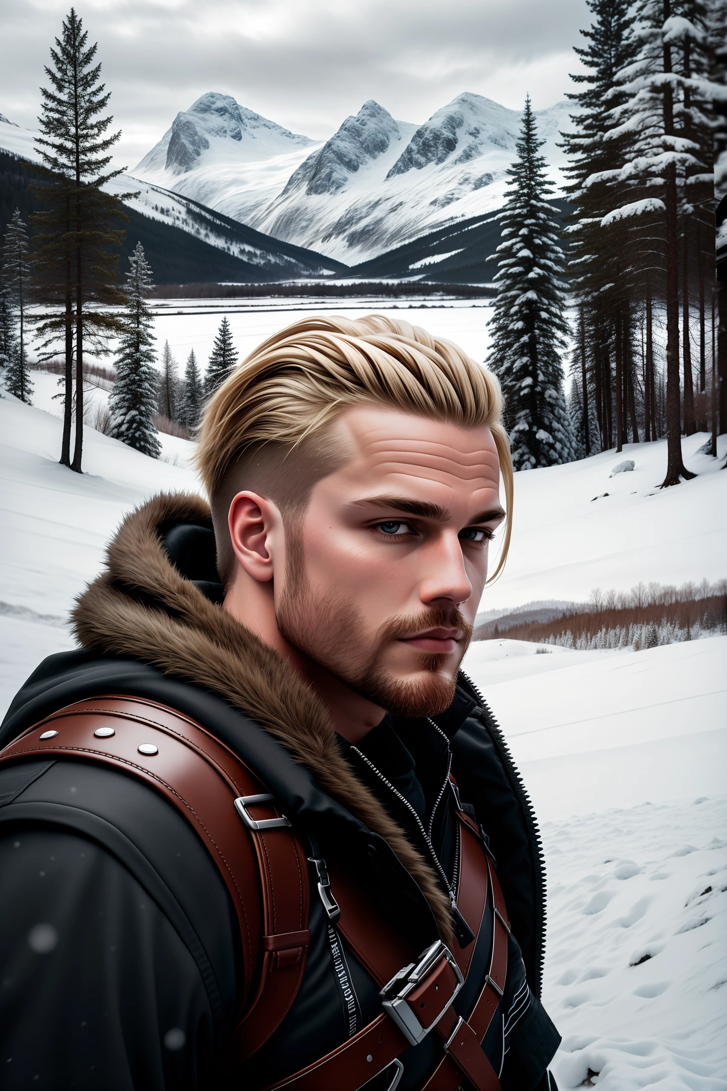 RAW photo, portrait, male Scandinavian warrior, against the backdrop of a winter landscape, mountains, trees, 8k uhd, dslr, soft lighting, high quality, film grain, Fujifilm XT3