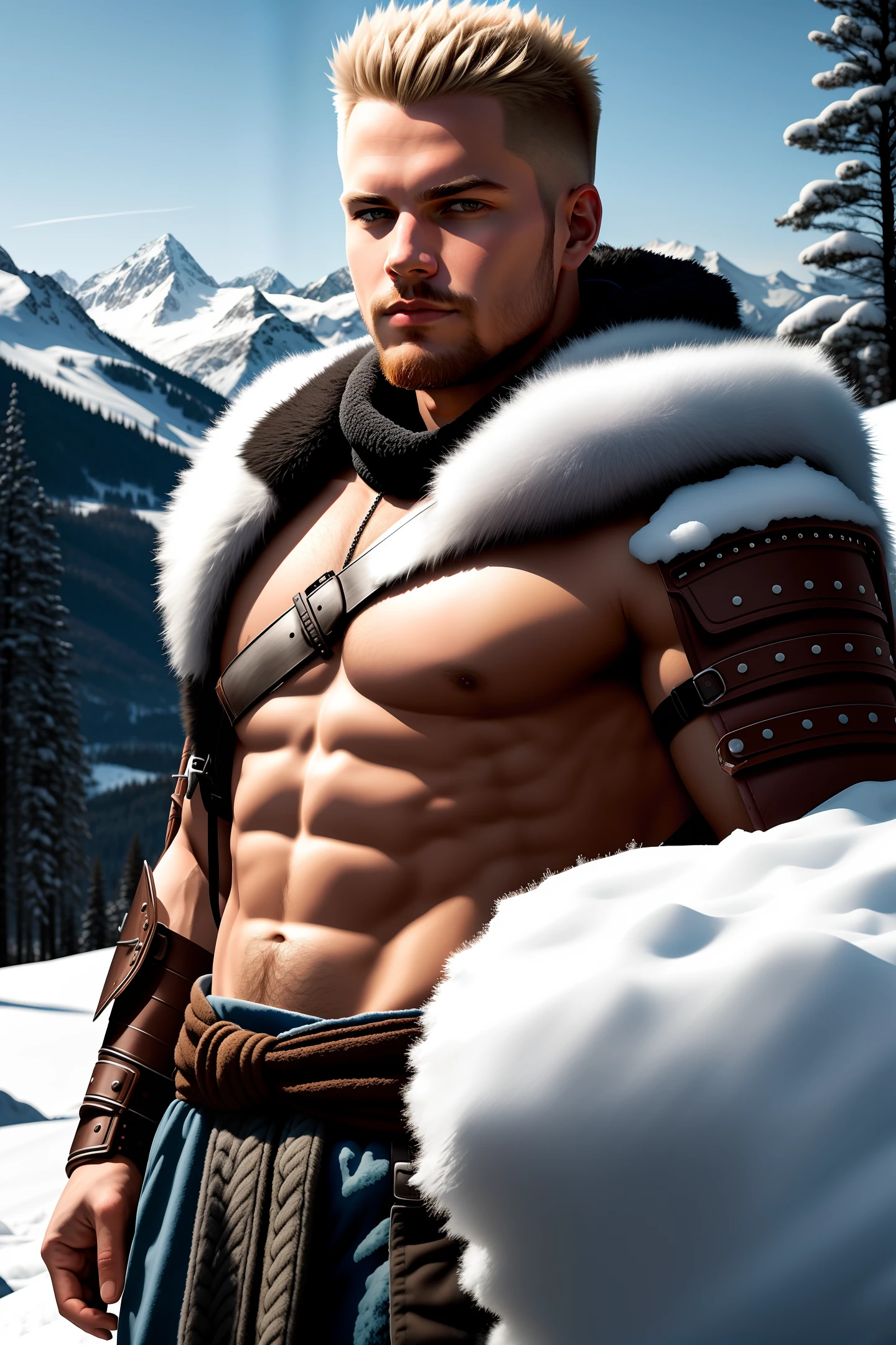 RAW photo, portrait, male Scandinavian warrior, against the backdrop of a winter landscape, mountains, trees, 8k uhd, dslr, soft lighting, high quality, film grain, Fujifilm XT3