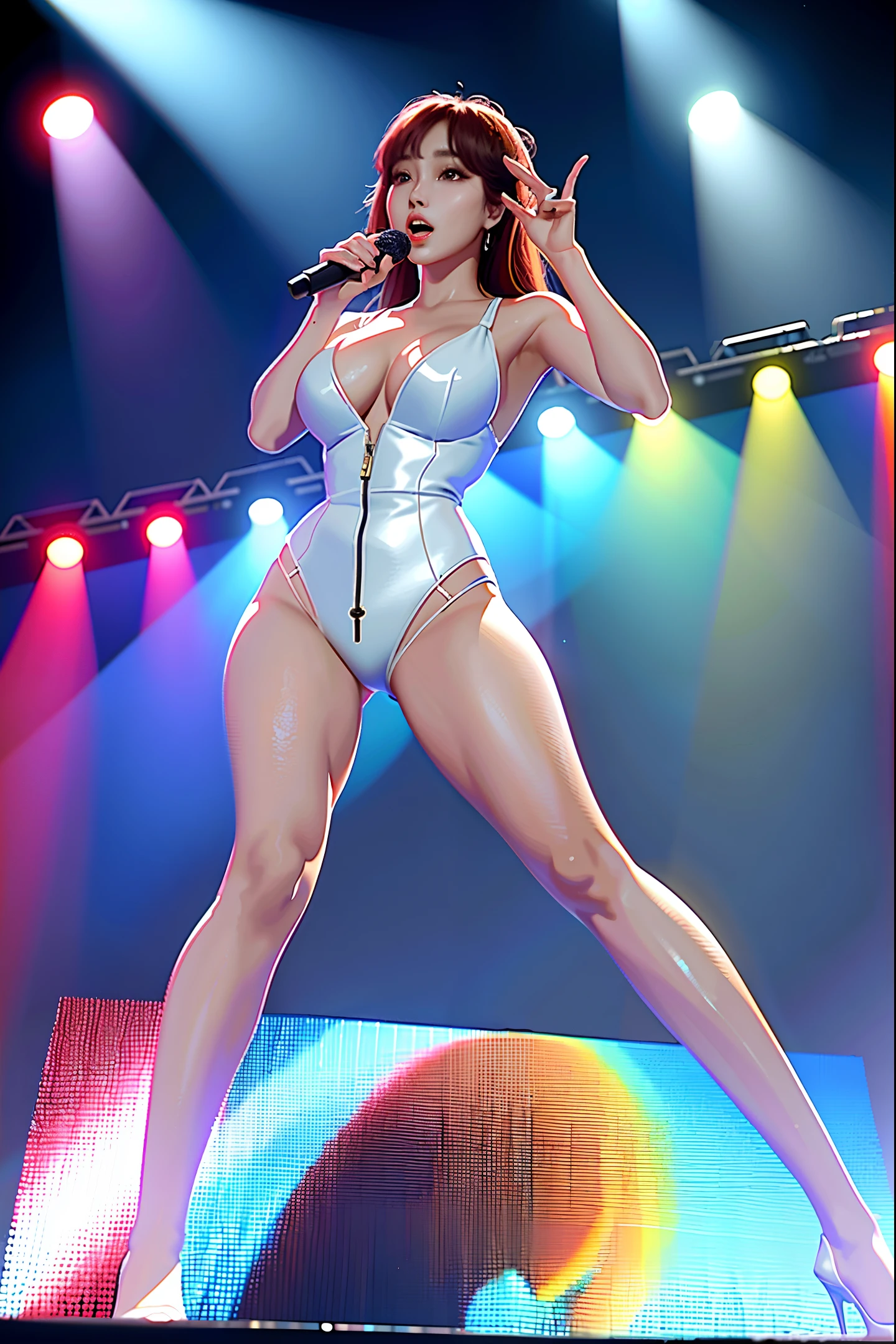 hong jin young, k-pop, singing on stage, full body, natural light, very huge breast, full-length photo, 8k, view from below, totally nude, spreading legs,