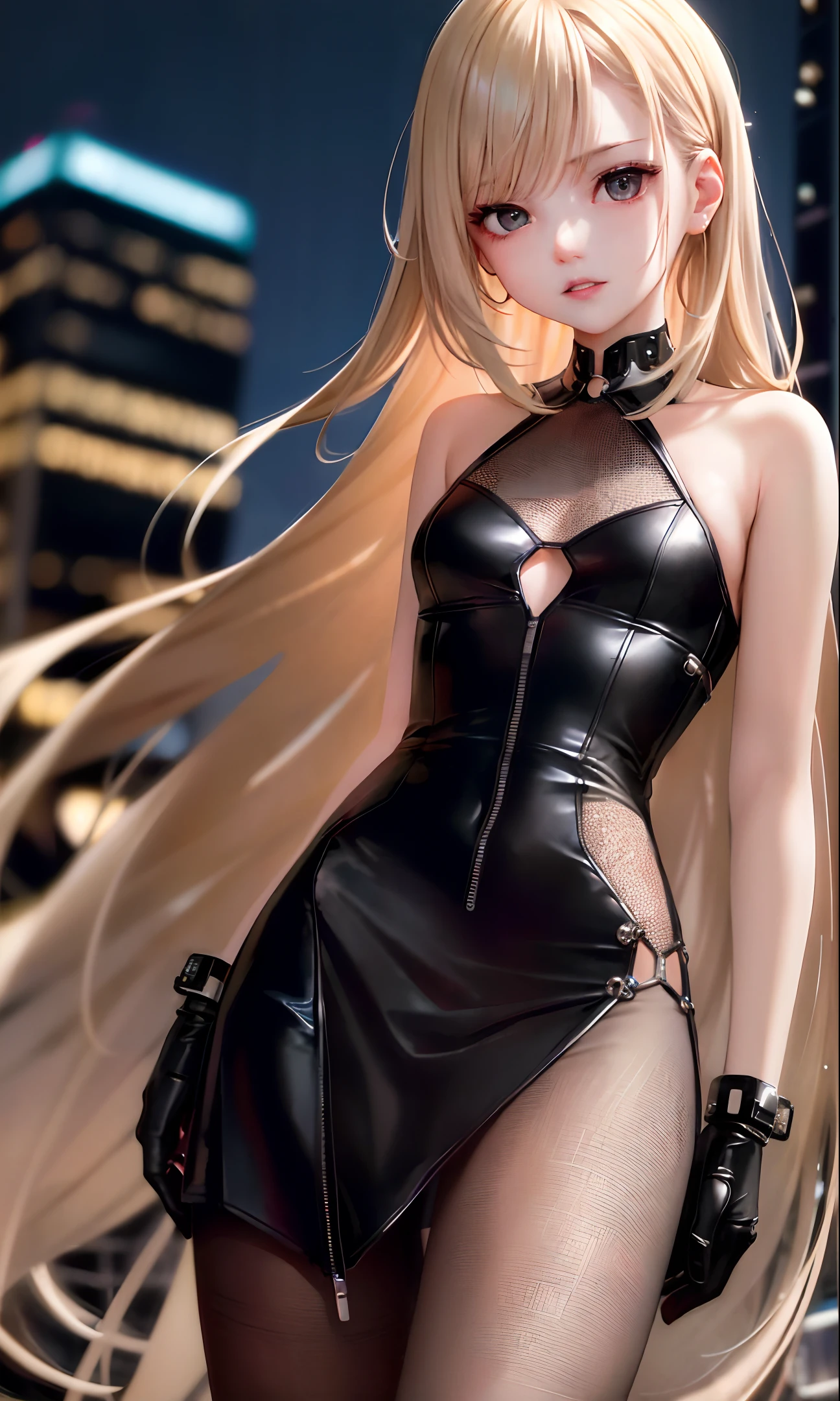 1girl, solo, semi realistic, masterpiece, sharp focus, ultra detailed, absurdres, highres, dynamic lighting, cybernetic background, city, night, neon, cute, slender, small breasts, shiny skin, delicate facial features, sexy facial expression, dress, arrogant