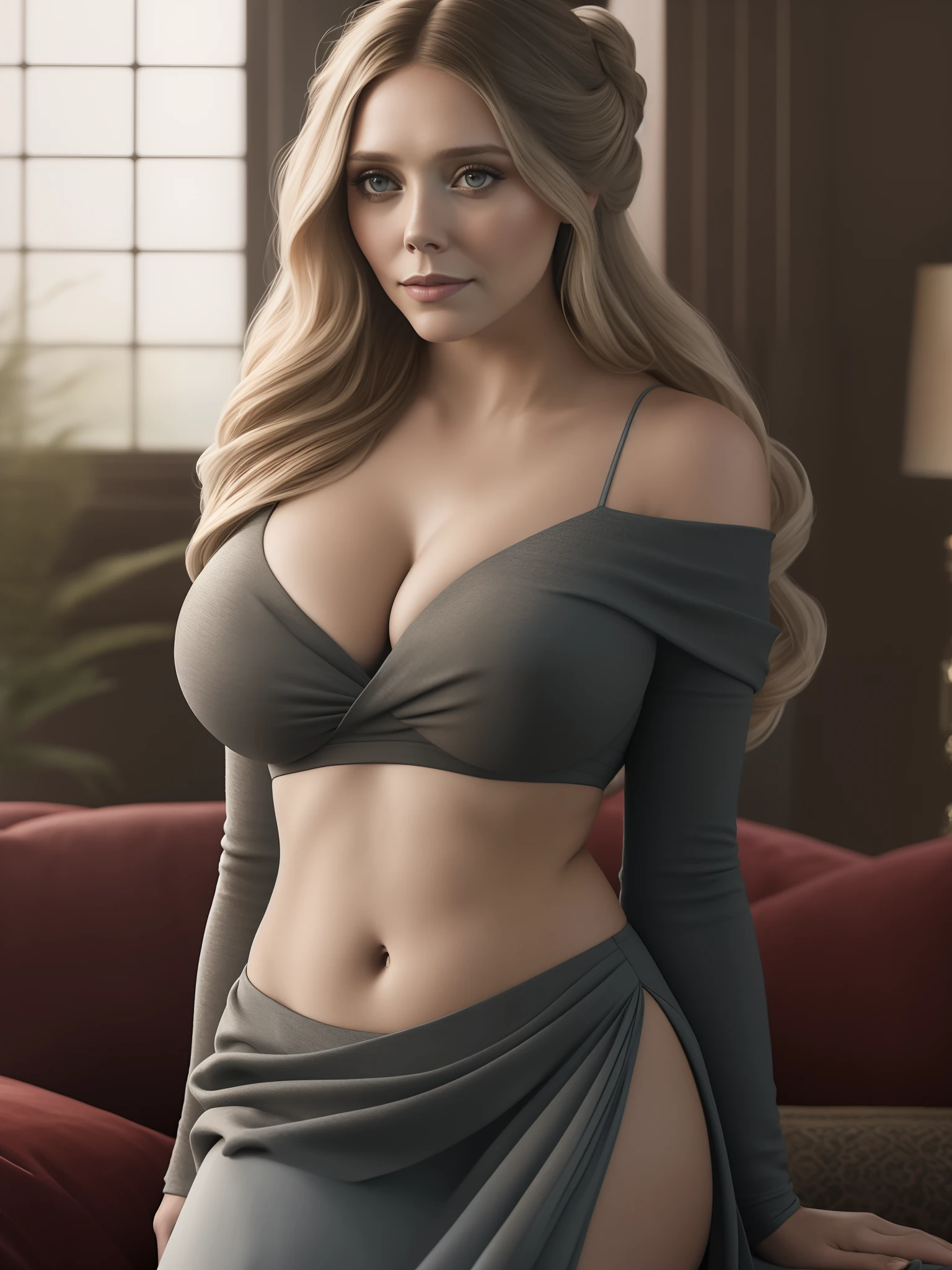 photo of elizabeth olsen, highres, masterpiece, 1girl, solo, best quality, realistic, long blonde hair updo upsweep, bedroom, indoors
laying on couch, (off shoulder top, tight skirt)
(big body), sexy figure,((big large boobs)) (cleavage), sexy abs, navel, sexy legs, big ass, (sexy woman), (long hair), (30 years old), smirk, aroused, 4K, HDR. by (James C. Christensen:1.2|Jeremy Lipking:1.1).