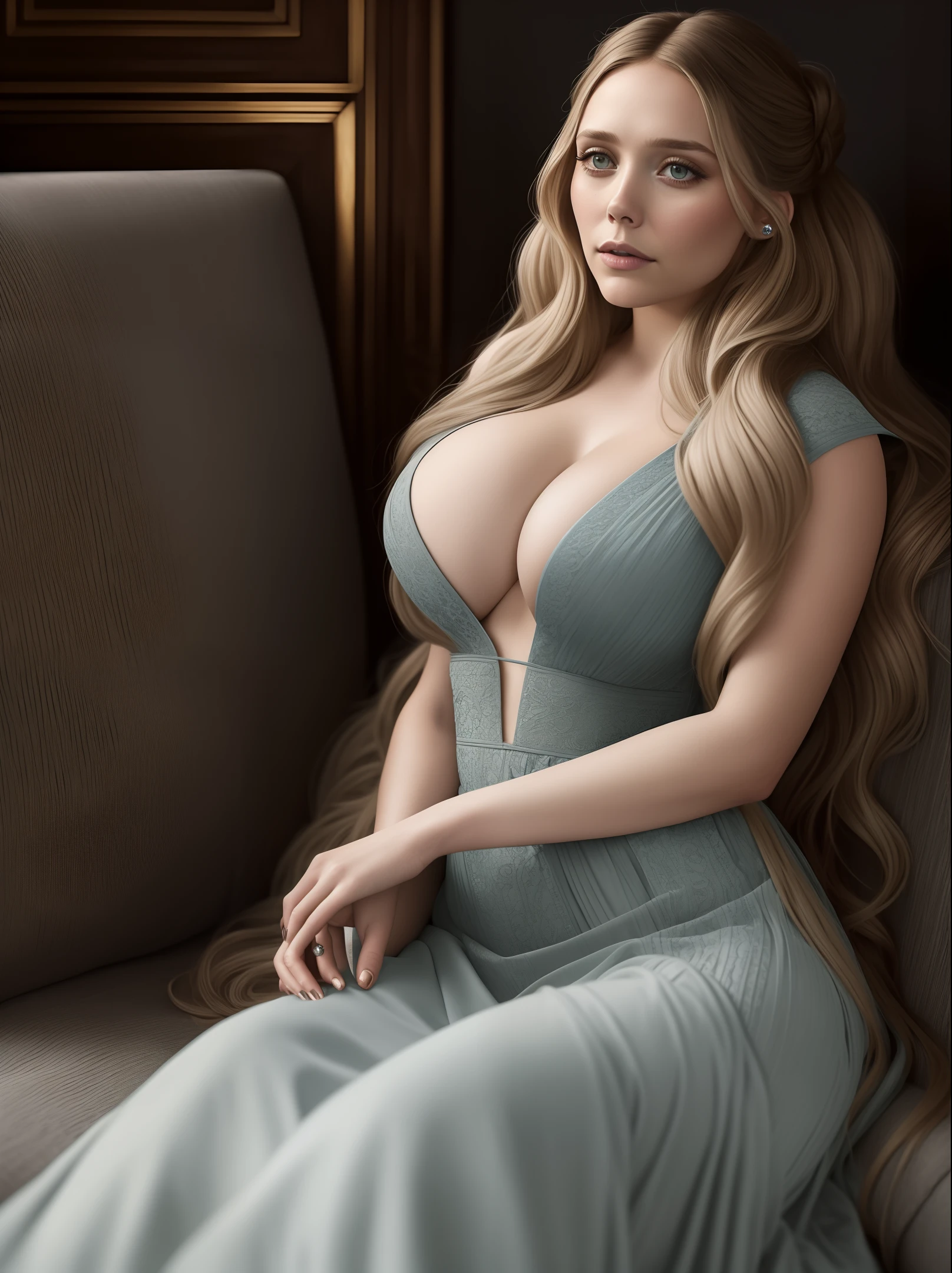 photo of elizabeth olsen, highres, masterpiece, 1girl, solo, best quality, realistic, long blonde hair updo upsweep, 
laying on couch, (sexy dress)
(big body), sexy figure,((big large boobs)) (cleavage), sexy abs, navel, sexy legs, big ass, (sexy woman), (long hair), (30 years old), smirk, aroused, 4K, HDR. by (James C. Christensen:1.2|Jeremy Lipking:1.1).