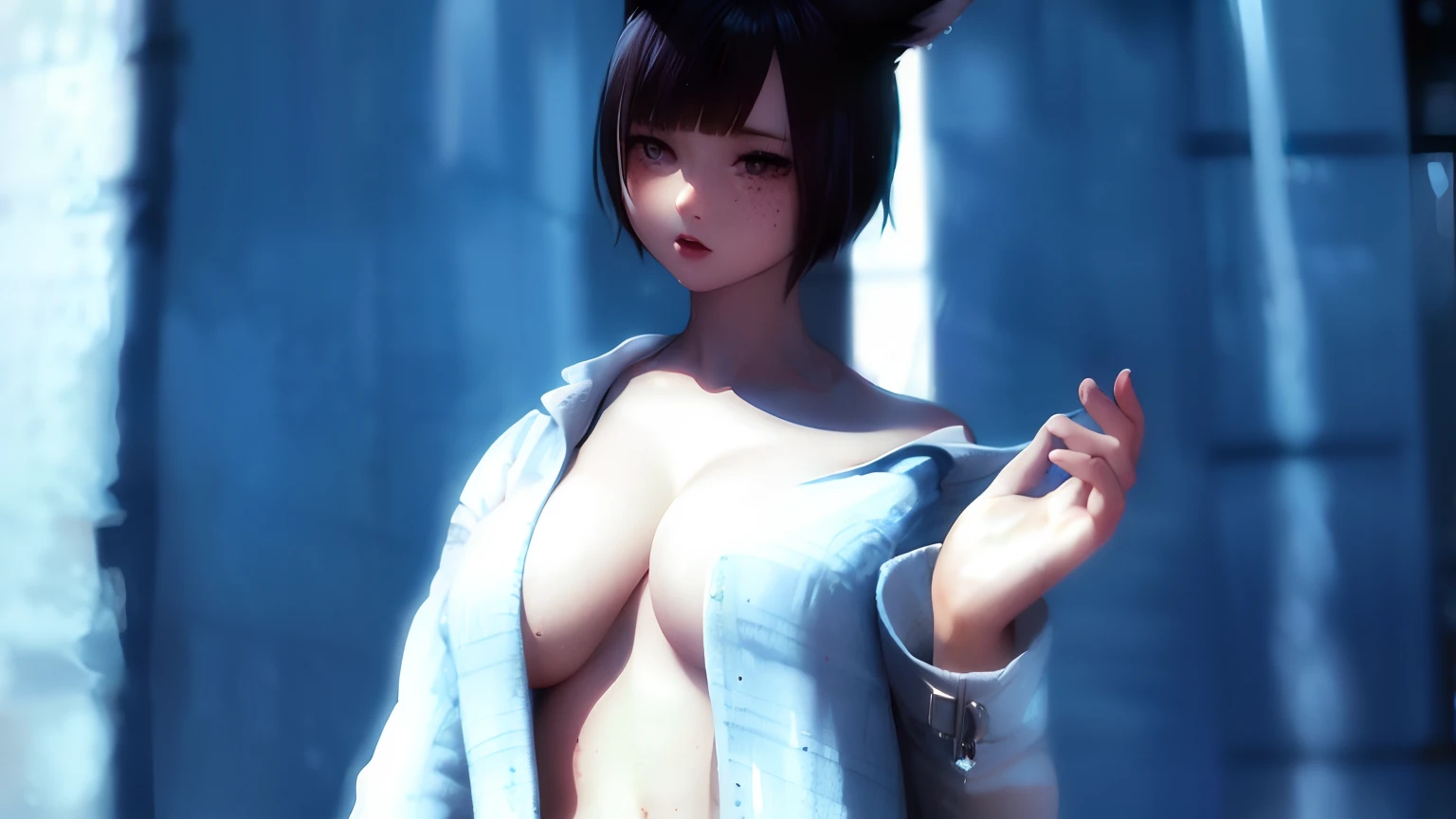 big tits, catgirl, paizuri, , white hair,((masterpiece)), (Best Quality), huge tits, NSFW, swimsuit, sweat, freckles, white liquid, short hair