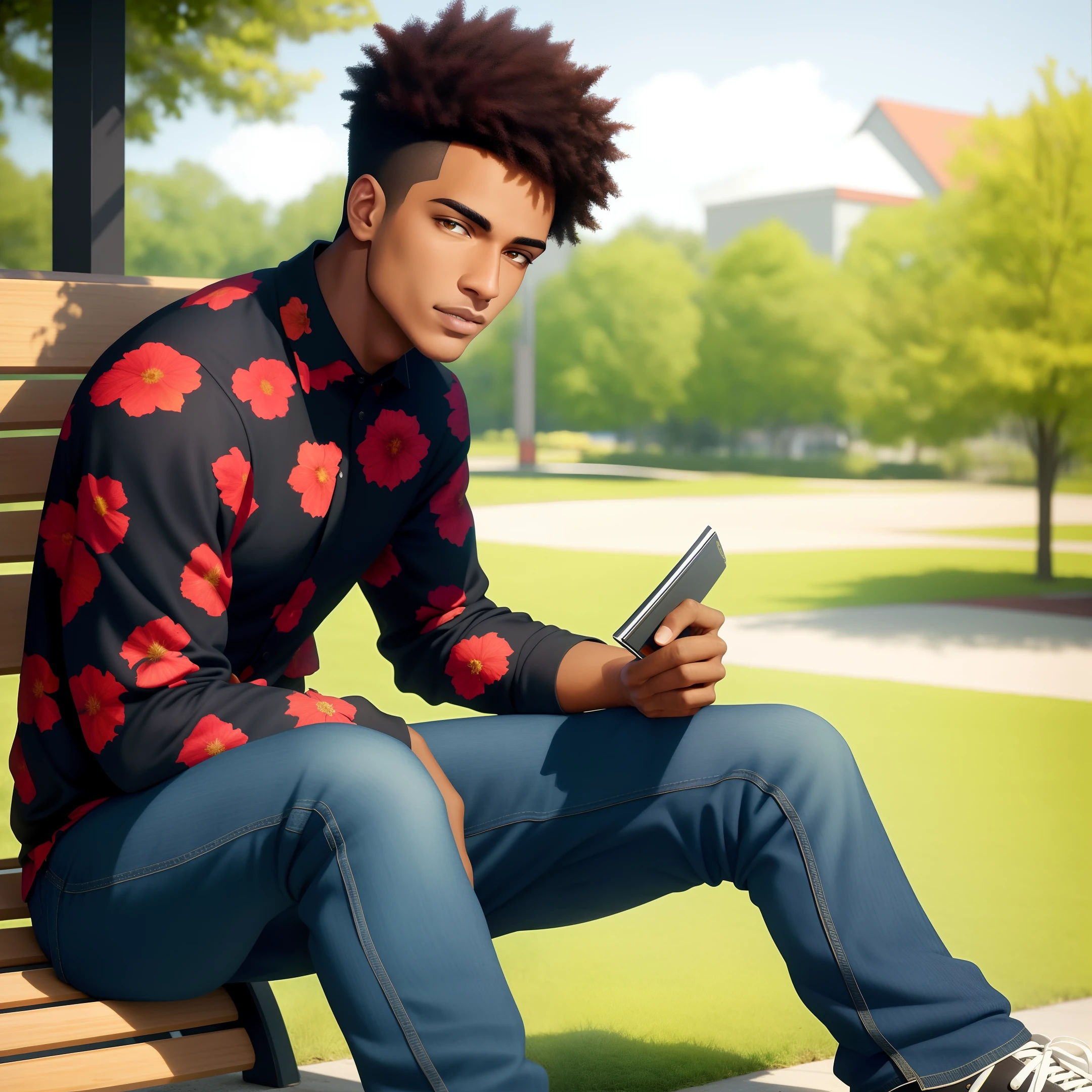 (dramatic illumination, dynamic angle, intense color contrast), [(a black male  with short curly black hair and brown eyes: 1.2), (sitting on a bench and writing in a notebook : 1.2), (leaves and petals floating in the air: 1.2), (wearing a black floral pattern shirt, black jeans, and black converse sneakers: 1.1), (foliage in the foreground: 1.1)]