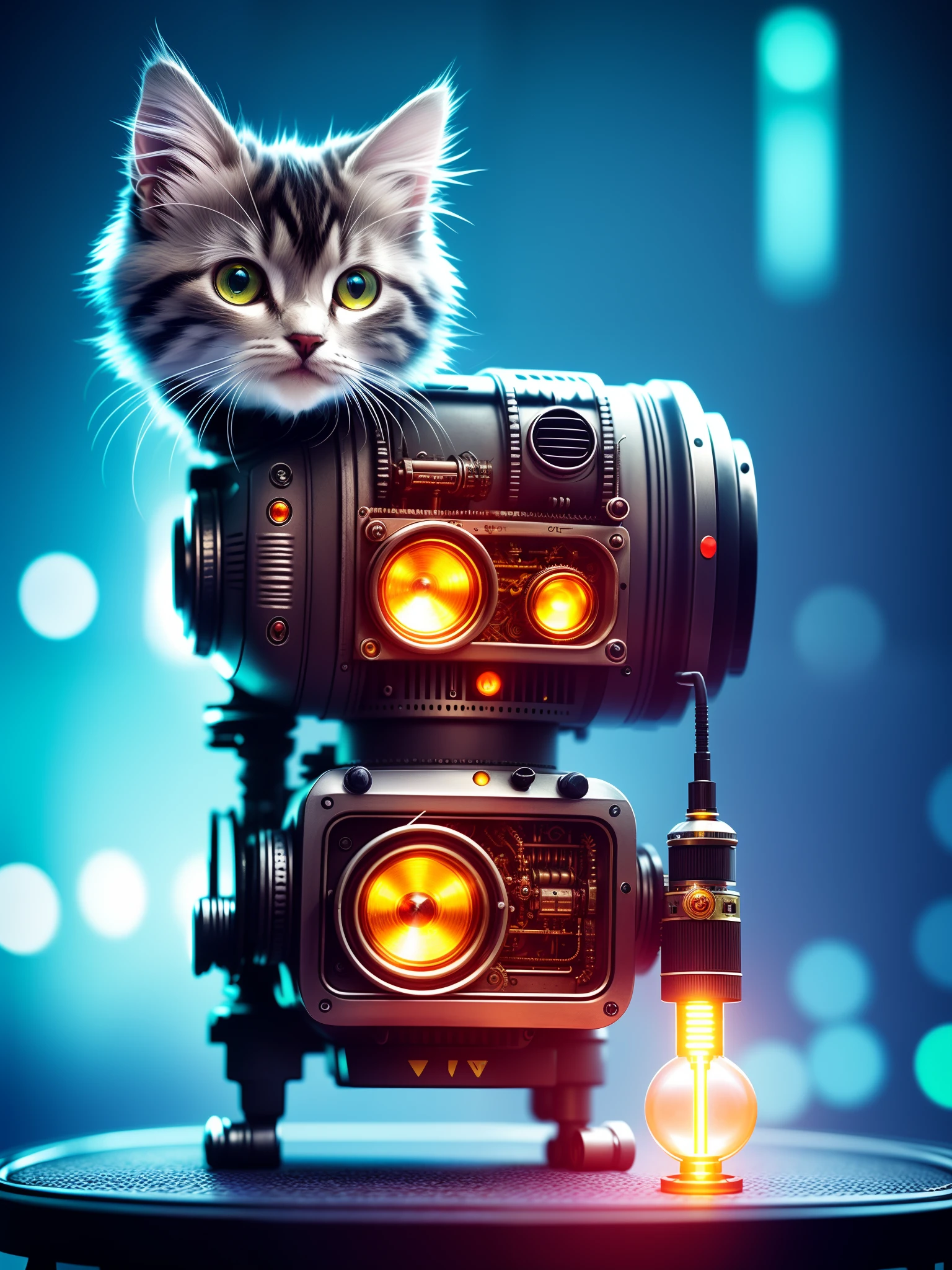 A cute fluffy kitten made of metal, robot, cyberpunk style, clockwork, ((intricate detail)), HDR, big eyes, ((intricate detail, super detail)), vacuum tube or tube, cinema lens, vignette, bokeh effect background