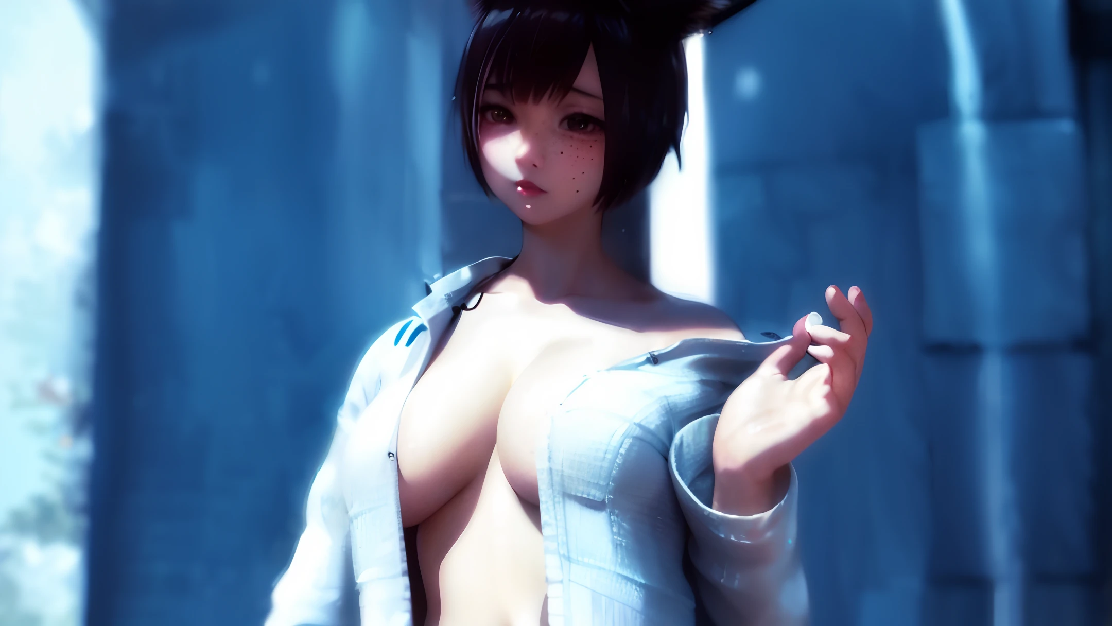 big tits, catgirl, paizuri, white hair,((masterpiece)), (Best Quality), huge tits, NSFW, swimsuit, sweat, freckles, white liquid, short hair, asian, idol, cute, bigger tits big boobs