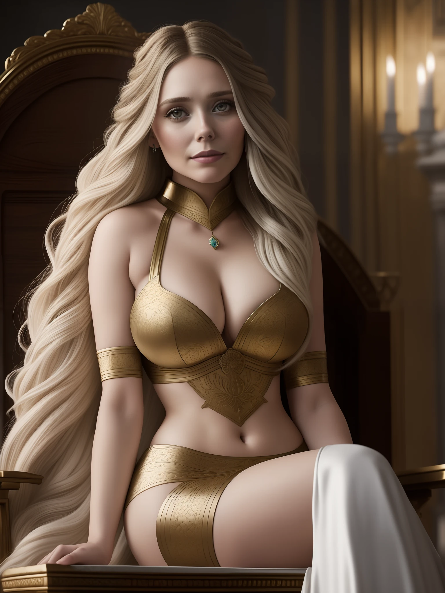 photo of elizabeth olsen, highres, masterpiece, 1girl, solo, best quality, realistic, long blonde hair updo upsweep,
palace, throne room, sitting on throne,
Goddess cosplay, (goddess costume),white costume, silk
(big body), sexy figure,((big large boobs)) (cleavage), sexy abs, navel, legs spread, big ass, (Sexy Woman), (long hair), (30 years old), smirk, aroused,
4K, HDR. by (James C. Christensen:1.2|Jeremy Lipking:1.1).